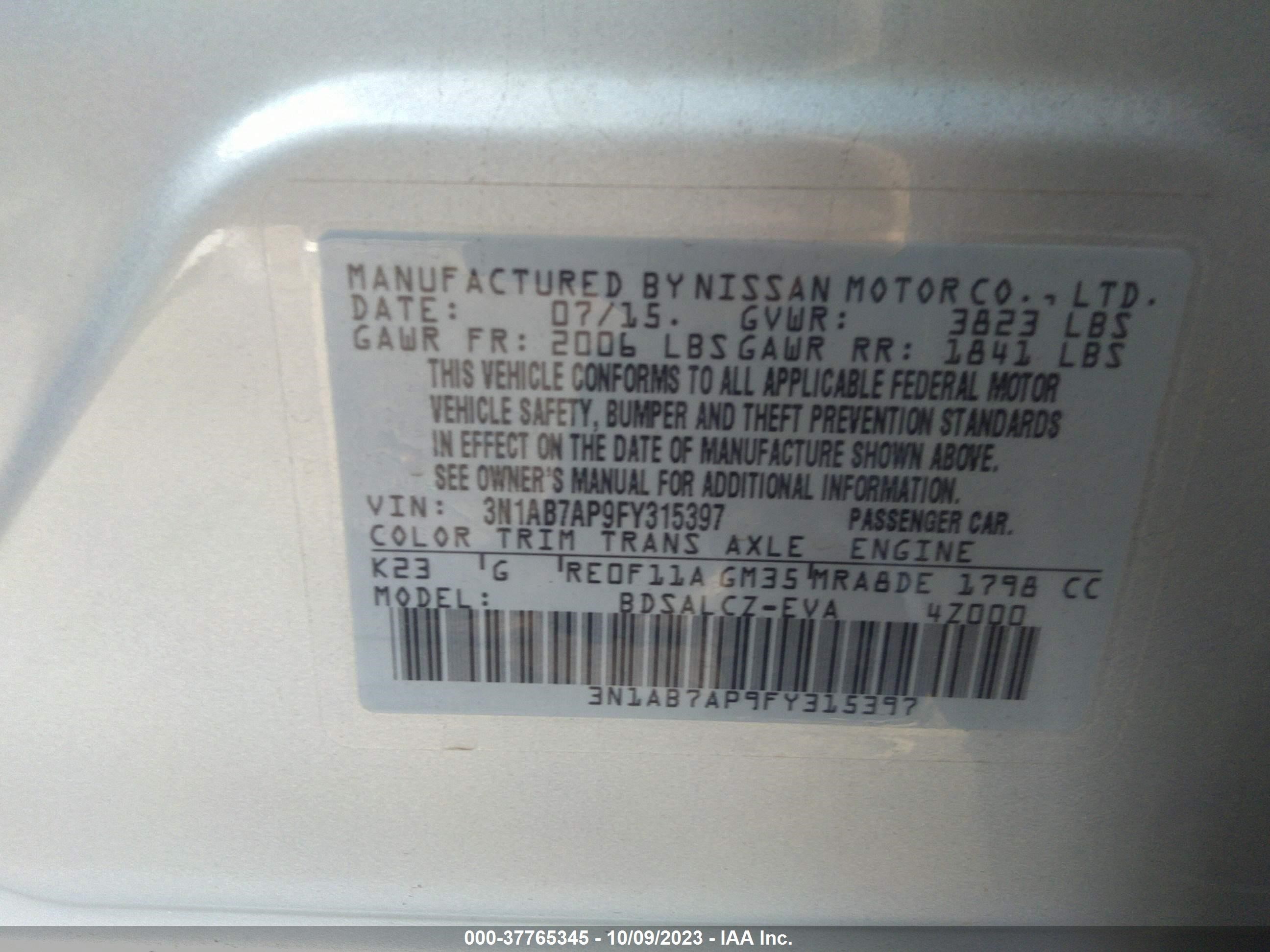 Photo 8 VIN: 3N1AB7AP9FY315397 - NISSAN SENTRA 