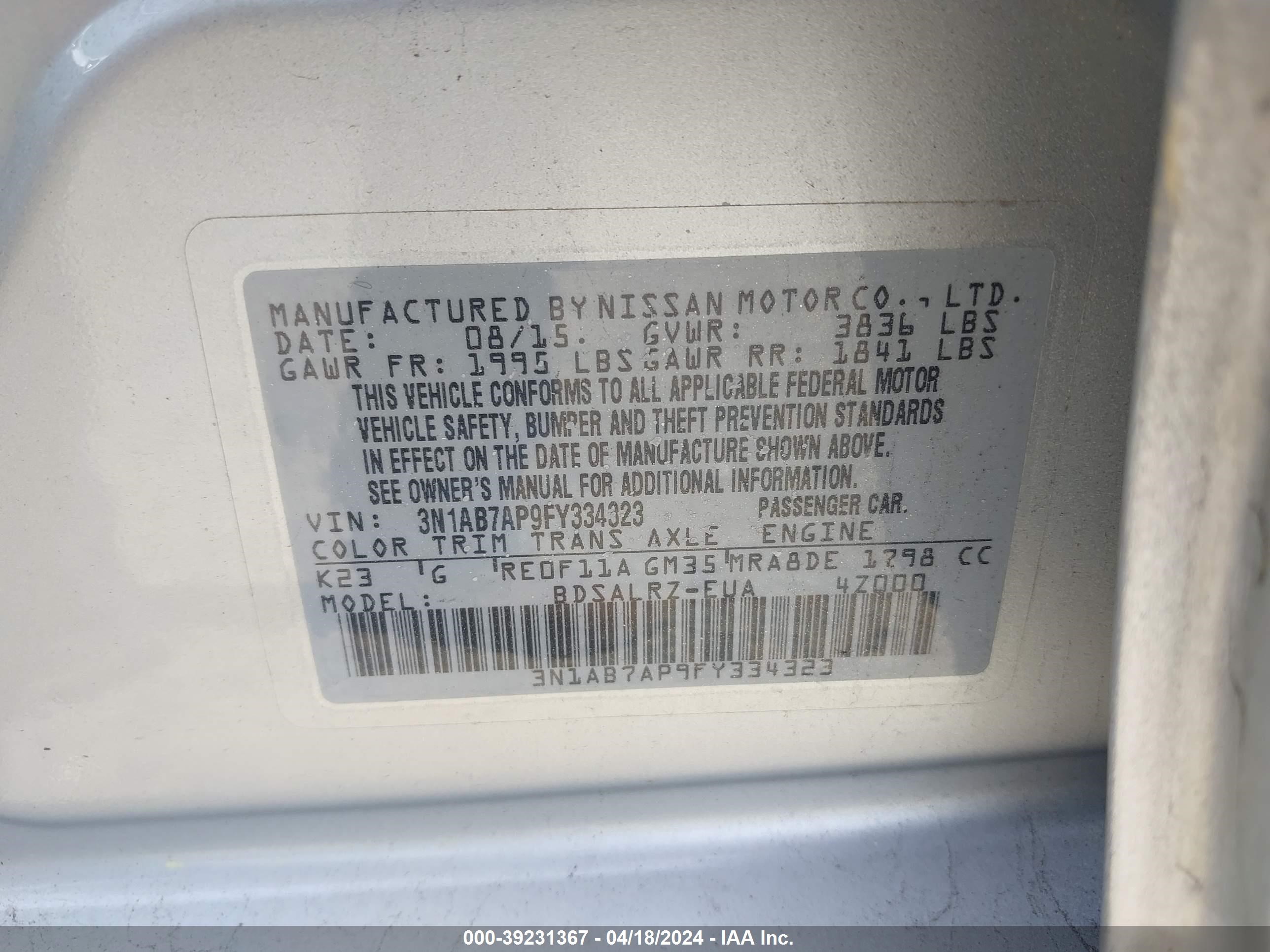 Photo 8 VIN: 3N1AB7AP9FY334323 - NISSAN SENTRA 