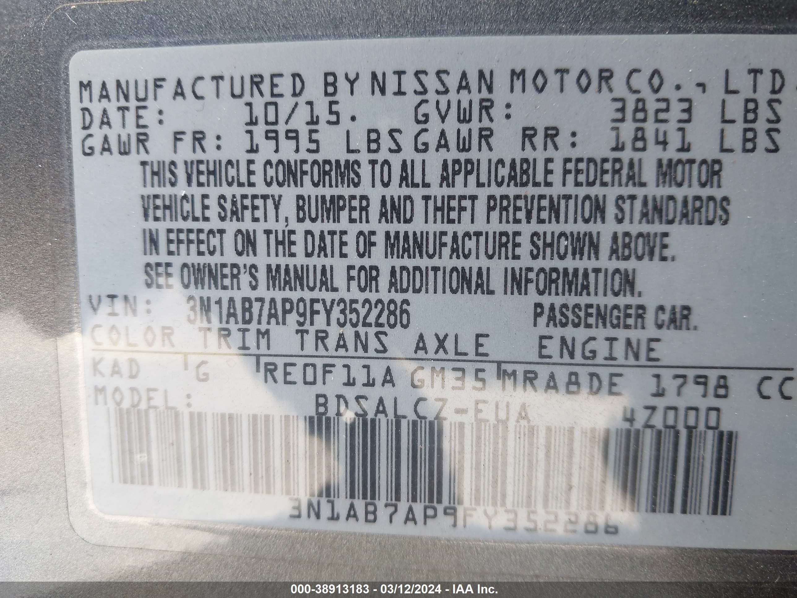 Photo 9 VIN: 3N1AB7AP9FY352286 - NISSAN SENTRA 