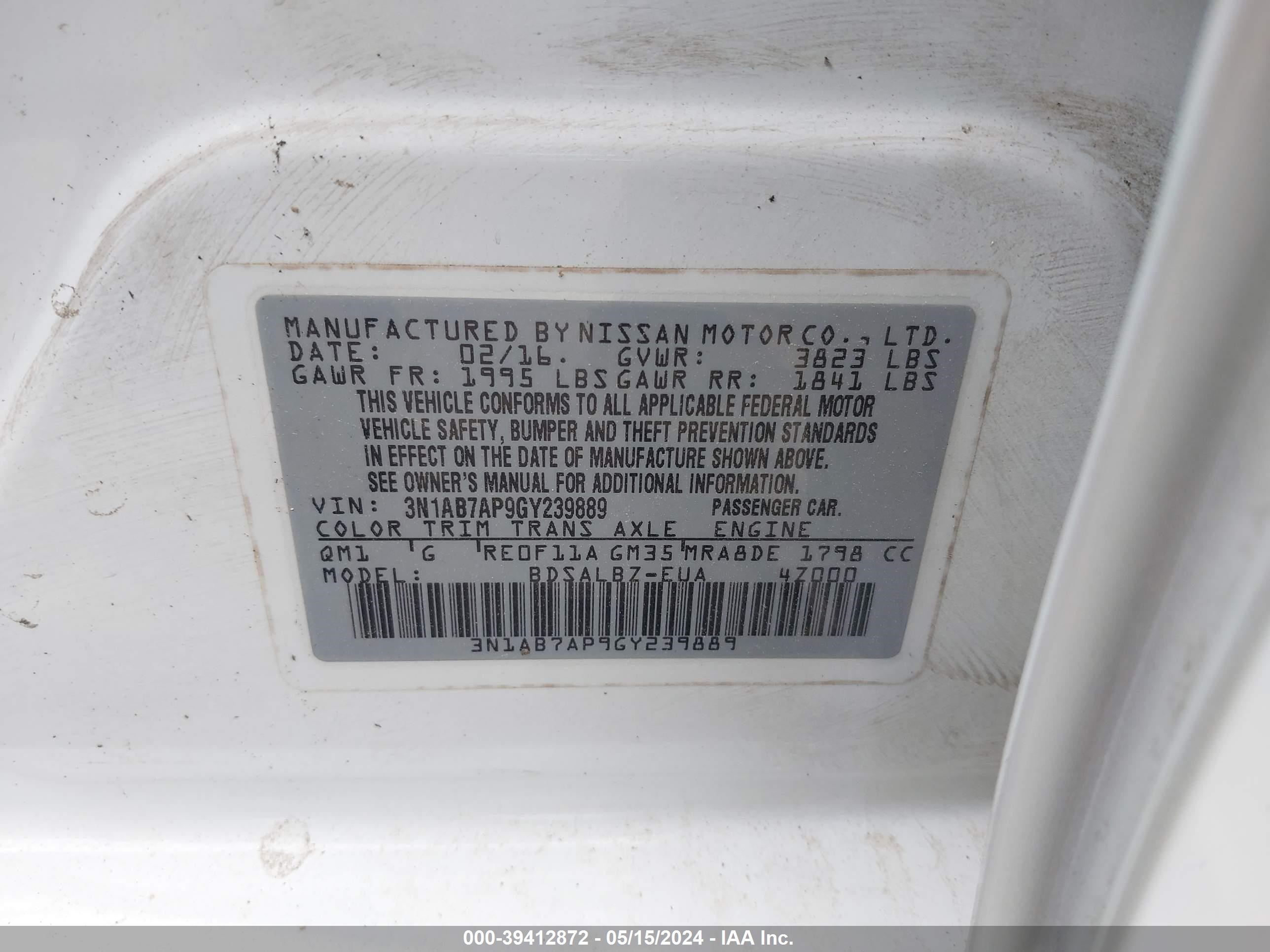 Photo 8 VIN: 3N1AB7AP9GY239889 - NISSAN SENTRA 