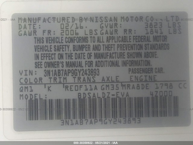 Photo 8 VIN: 3N1AB7AP9GY243893 - NISSAN SENTRA 