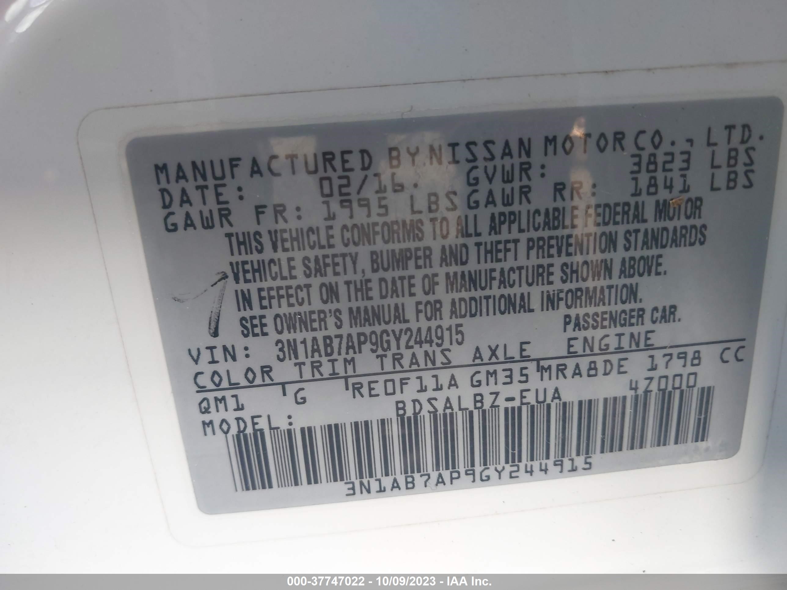 Photo 8 VIN: 3N1AB7AP9GY244915 - NISSAN SENTRA 