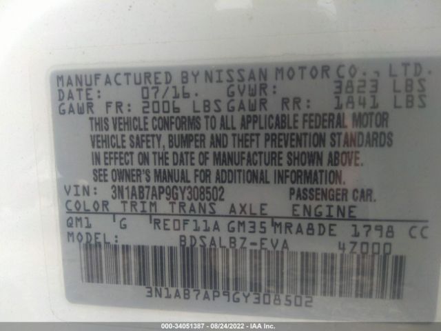 Photo 8 VIN: 3N1AB7AP9GY308502 - NISSAN SENTRA 