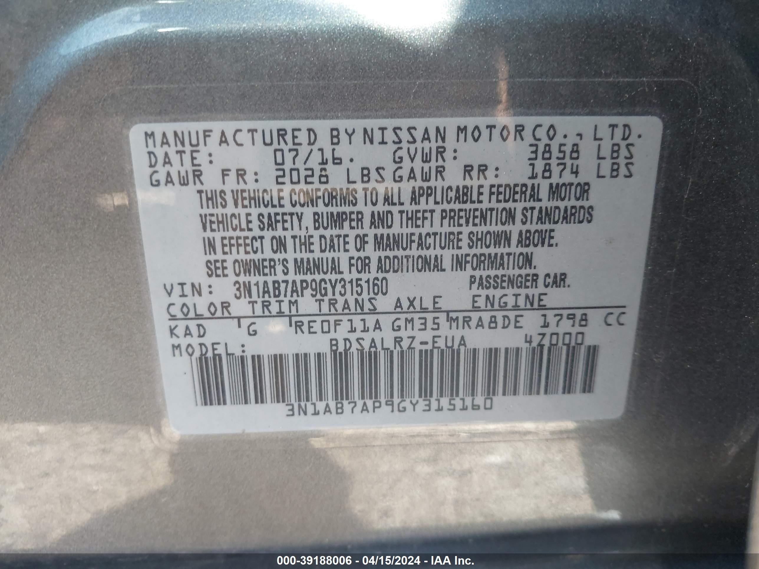 Photo 8 VIN: 3N1AB7AP9GY315160 - NISSAN SENTRA 