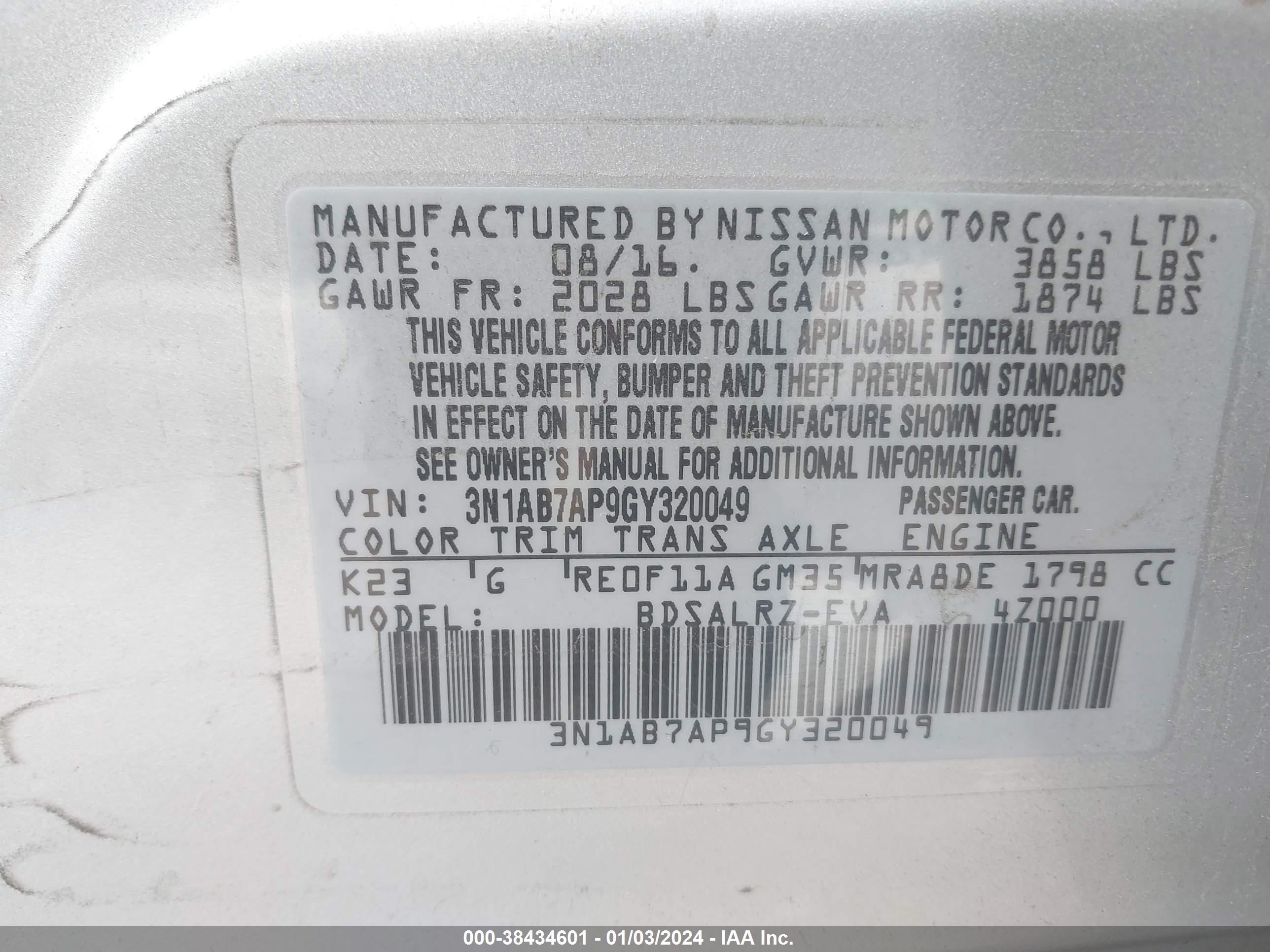 Photo 8 VIN: 3N1AB7AP9GY320049 - NISSAN SENTRA 