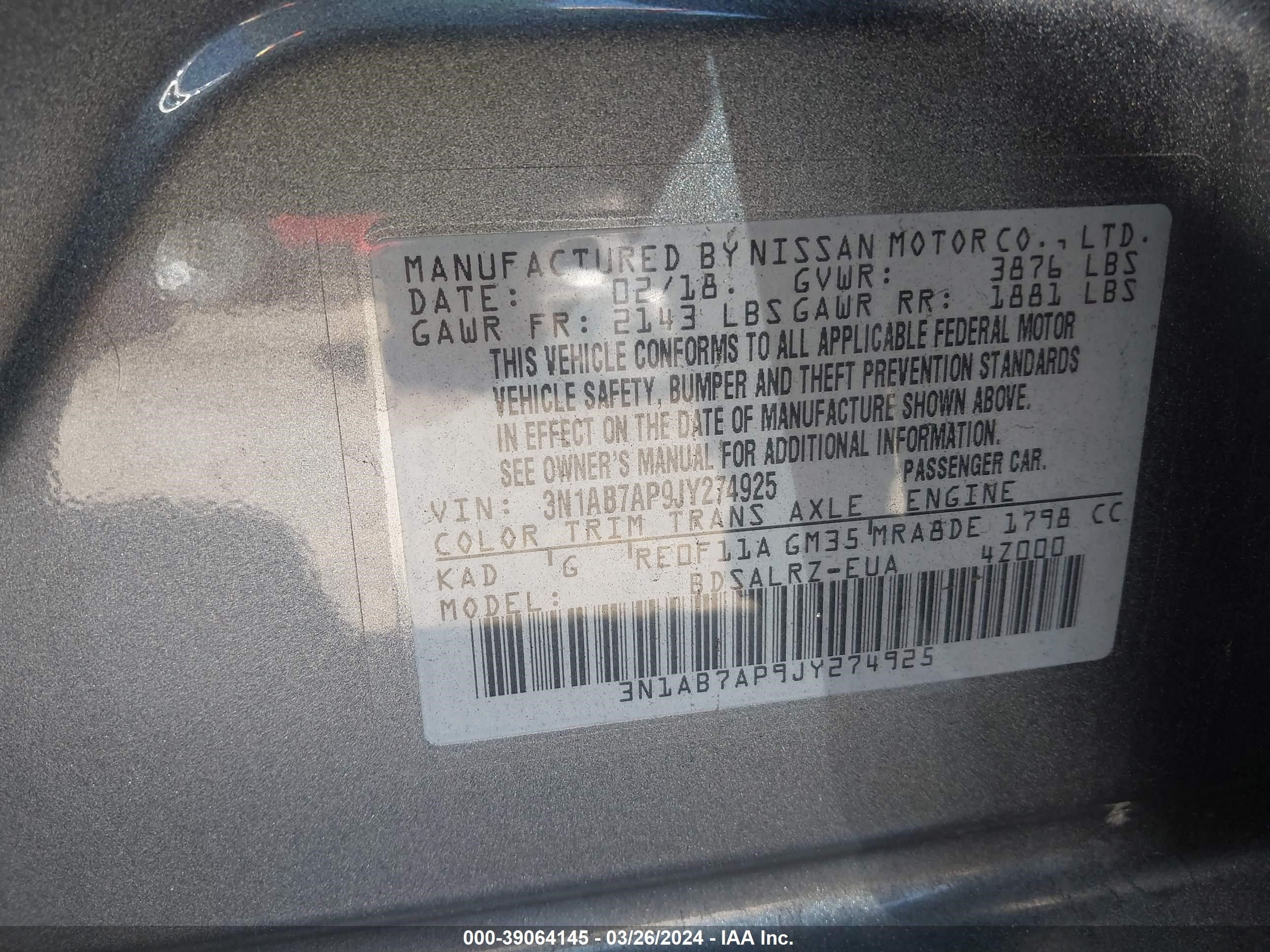 Photo 8 VIN: 3N1AB7AP9JY274925 - NISSAN SENTRA 