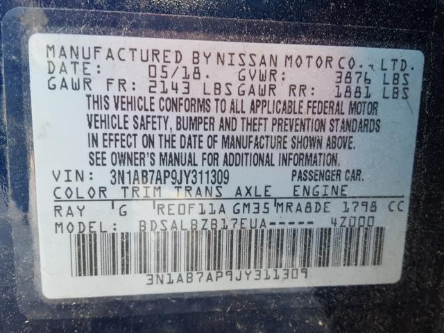 Photo 9 VIN: 3N1AB7AP9JY311309 - NISSAN SENTRA S 