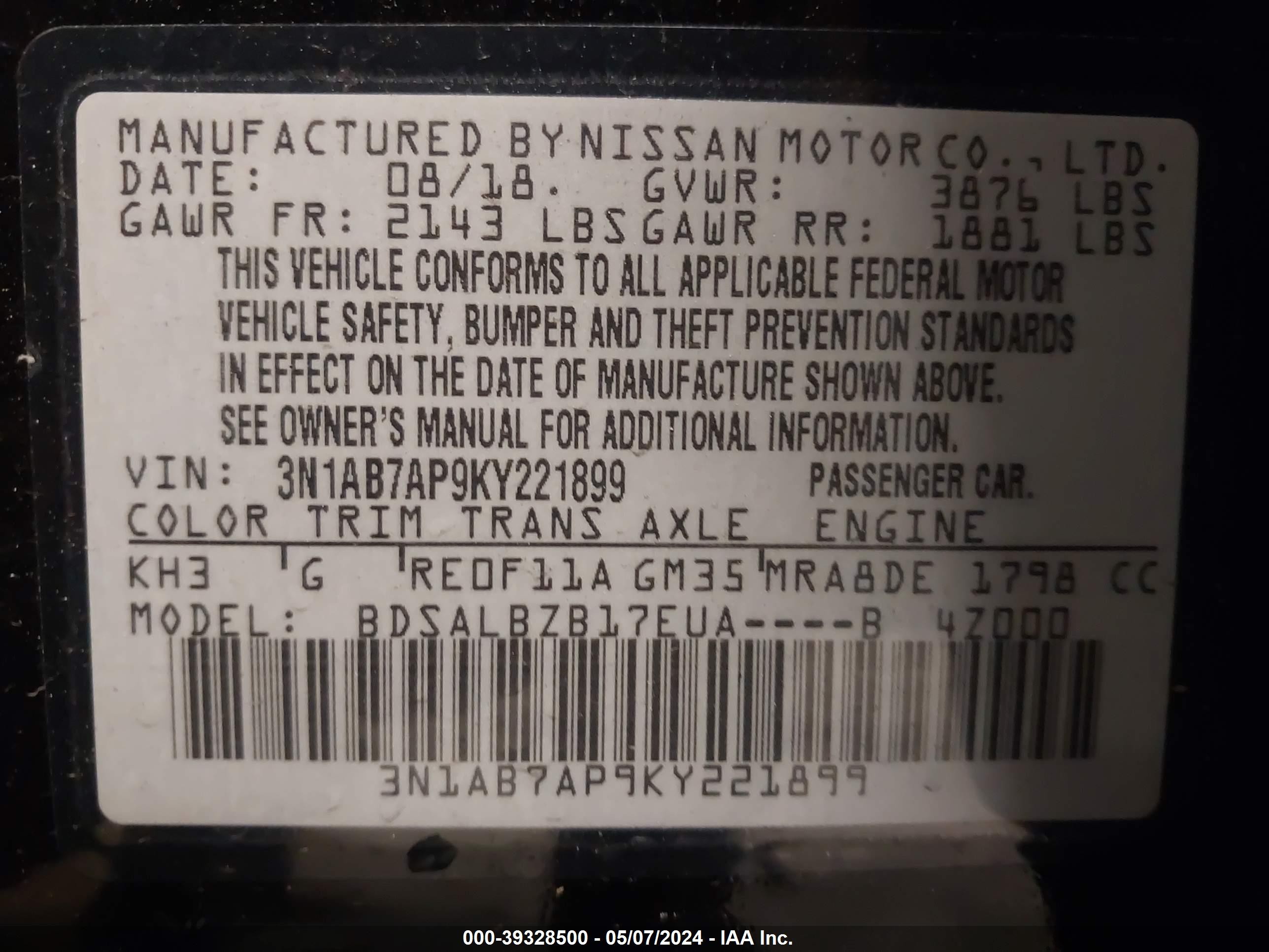 Photo 8 VIN: 3N1AB7AP9KY221899 - NISSAN SENTRA 