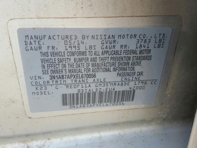 Photo 9 VIN: 3N1AB7APXEL670056 - NISSAN SENTRA S 