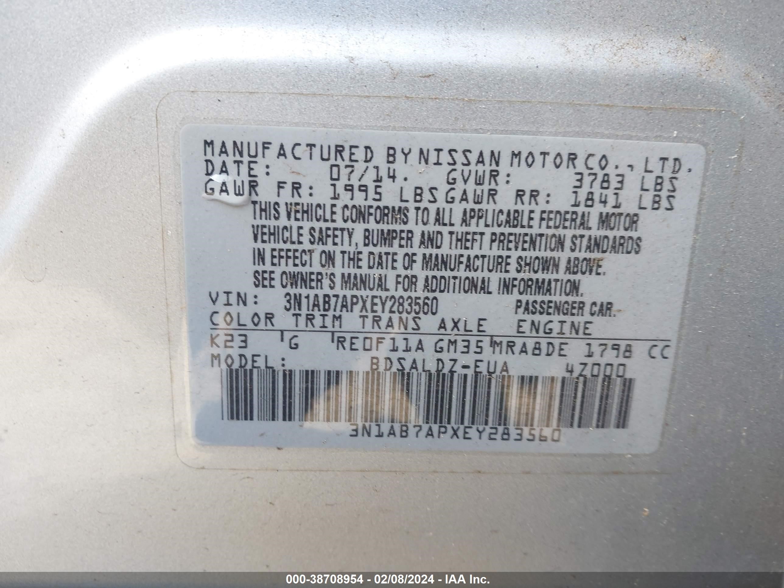 Photo 8 VIN: 3N1AB7APXEY283560 - NISSAN SENTRA 