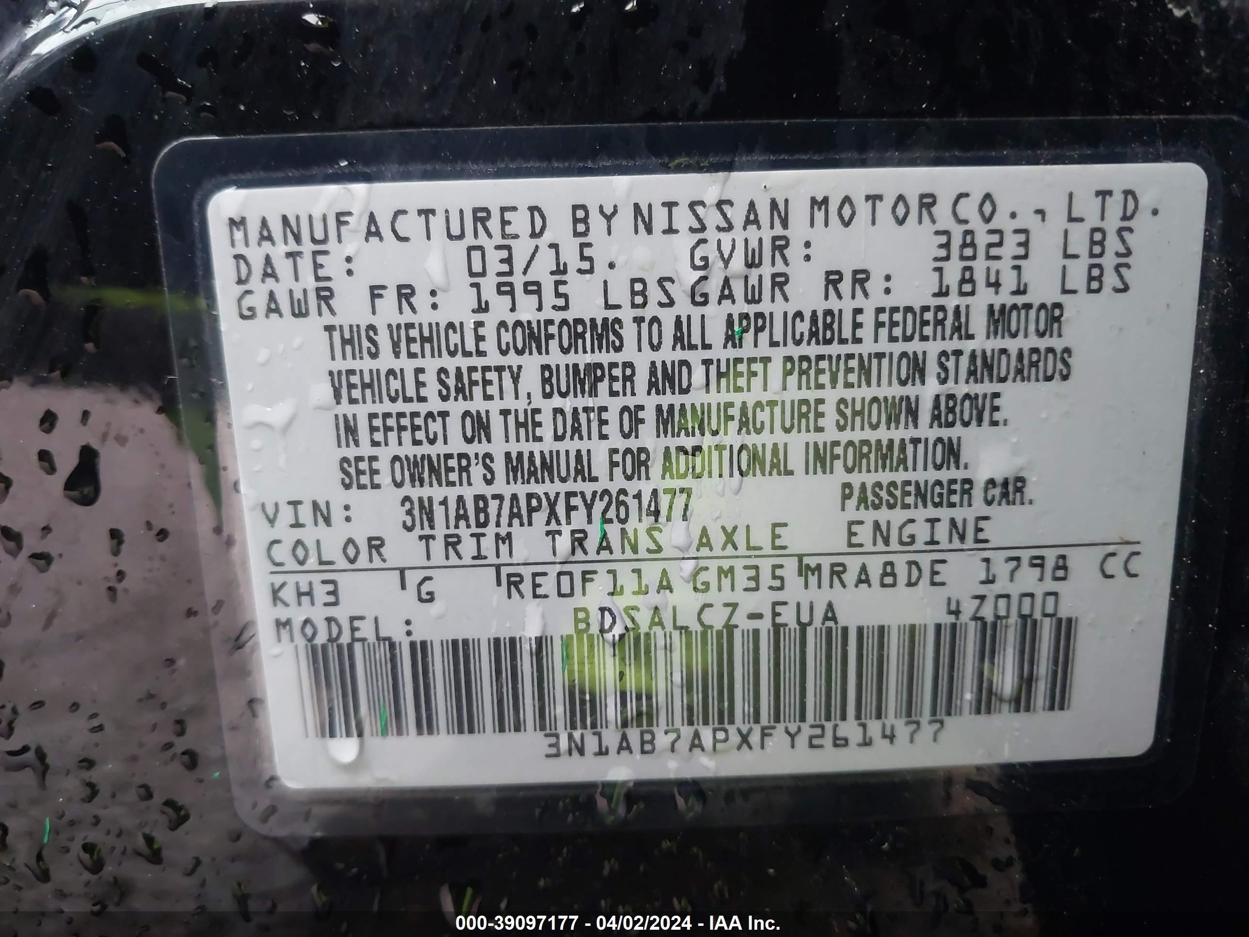 Photo 8 VIN: 3N1AB7APXFY261477 - NISSAN SENTRA 