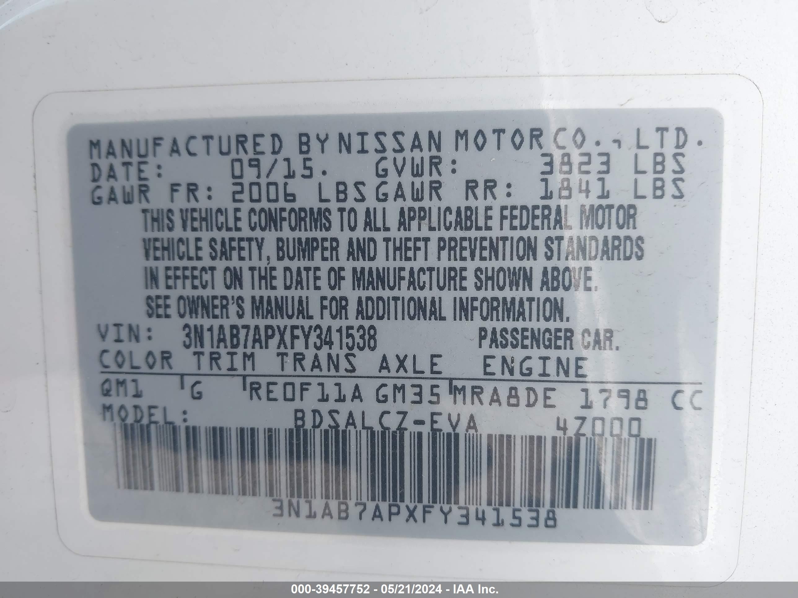 Photo 8 VIN: 3N1AB7APXFY341538 - NISSAN SENTRA 