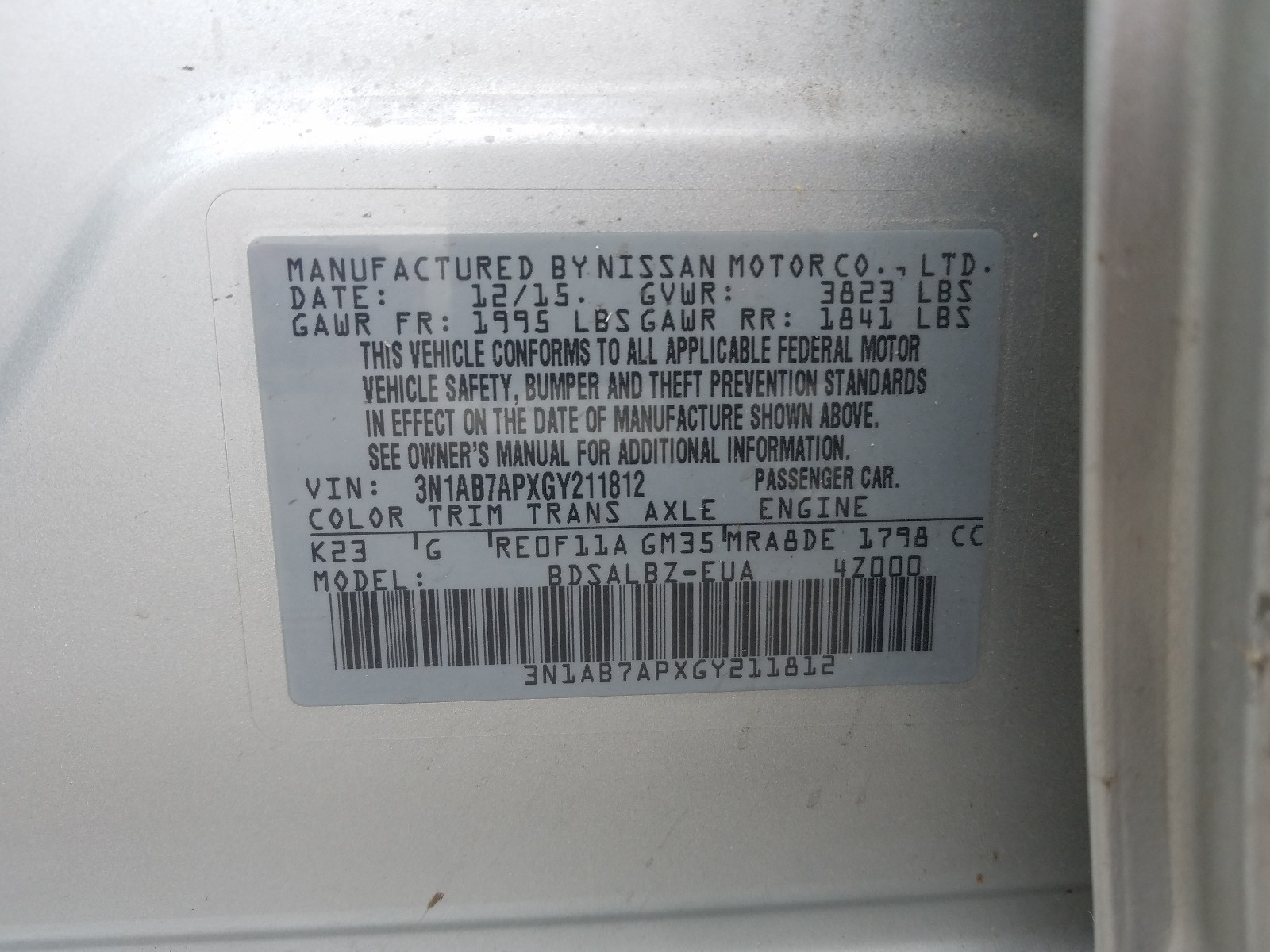 Photo 9 VIN: 3N1AB7APXGY211812 - NISSAN SENTRA S 