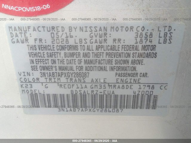 Photo 8 VIN: 3N1AB7APXGY286087 - NISSAN SENTRA 