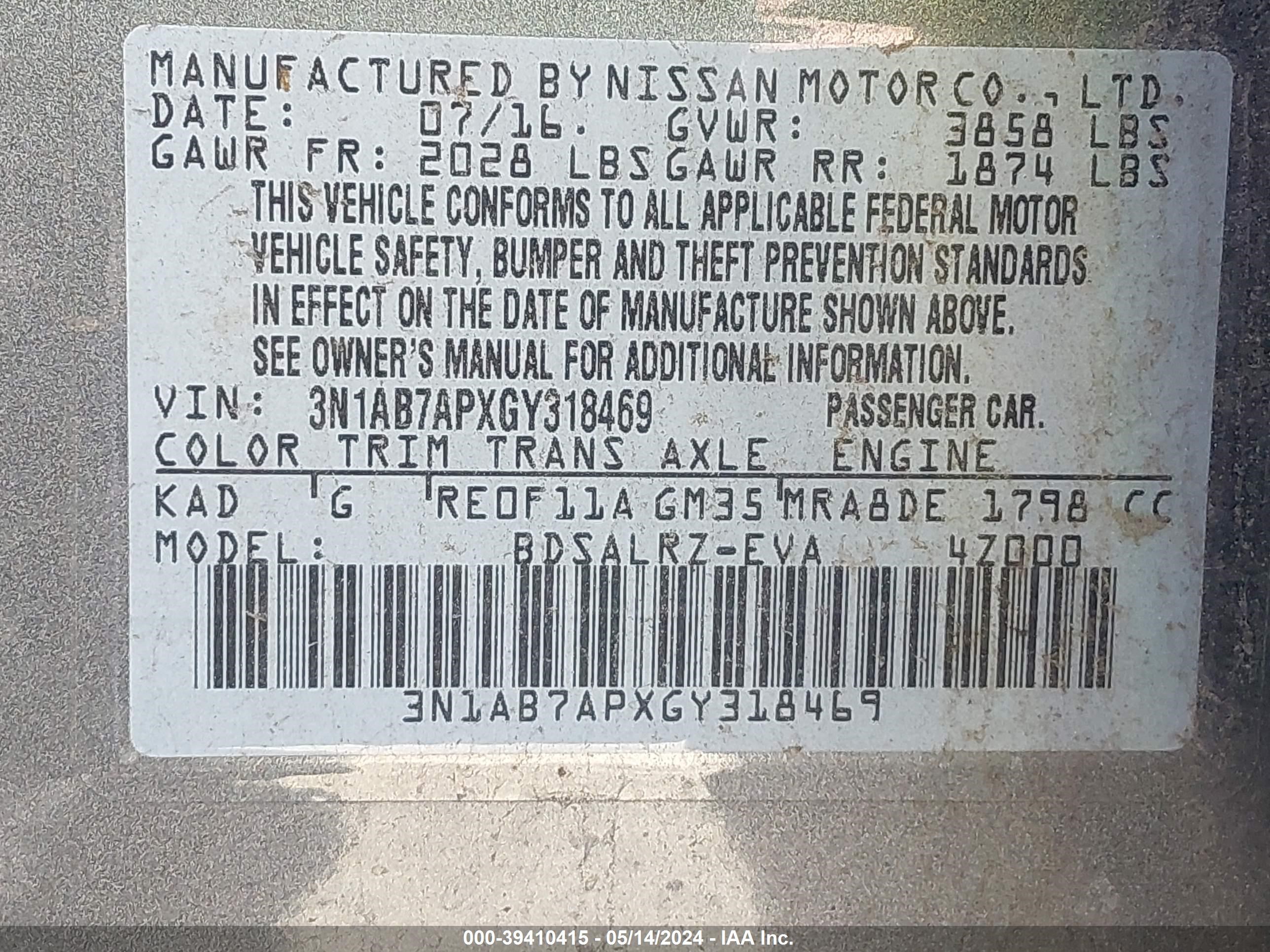 Photo 8 VIN: 3N1AB7APXGY318469 - NISSAN SENTRA 