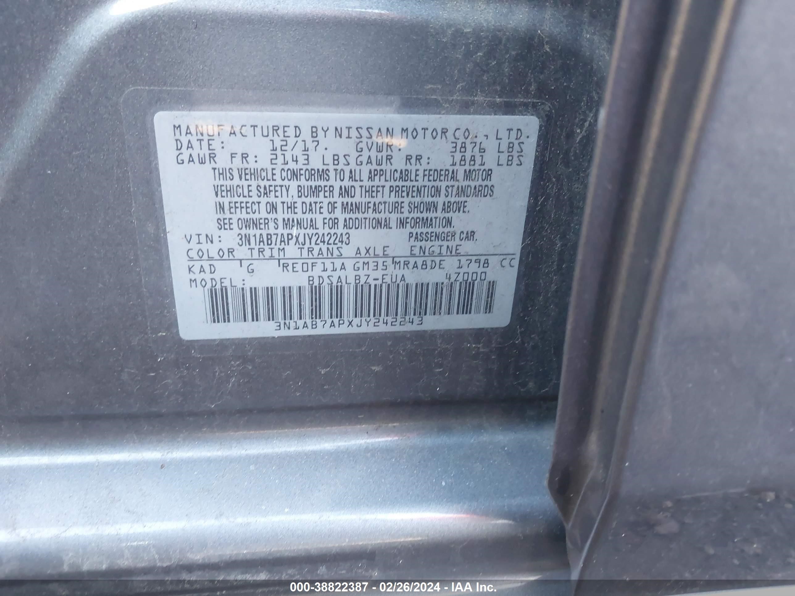 Photo 8 VIN: 3N1AB7APXJY242243 - NISSAN SENTRA 