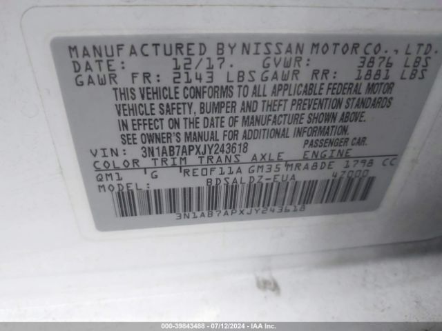 Photo 8 VIN: 3N1AB7APXJY243618 - NISSAN SENTRA 