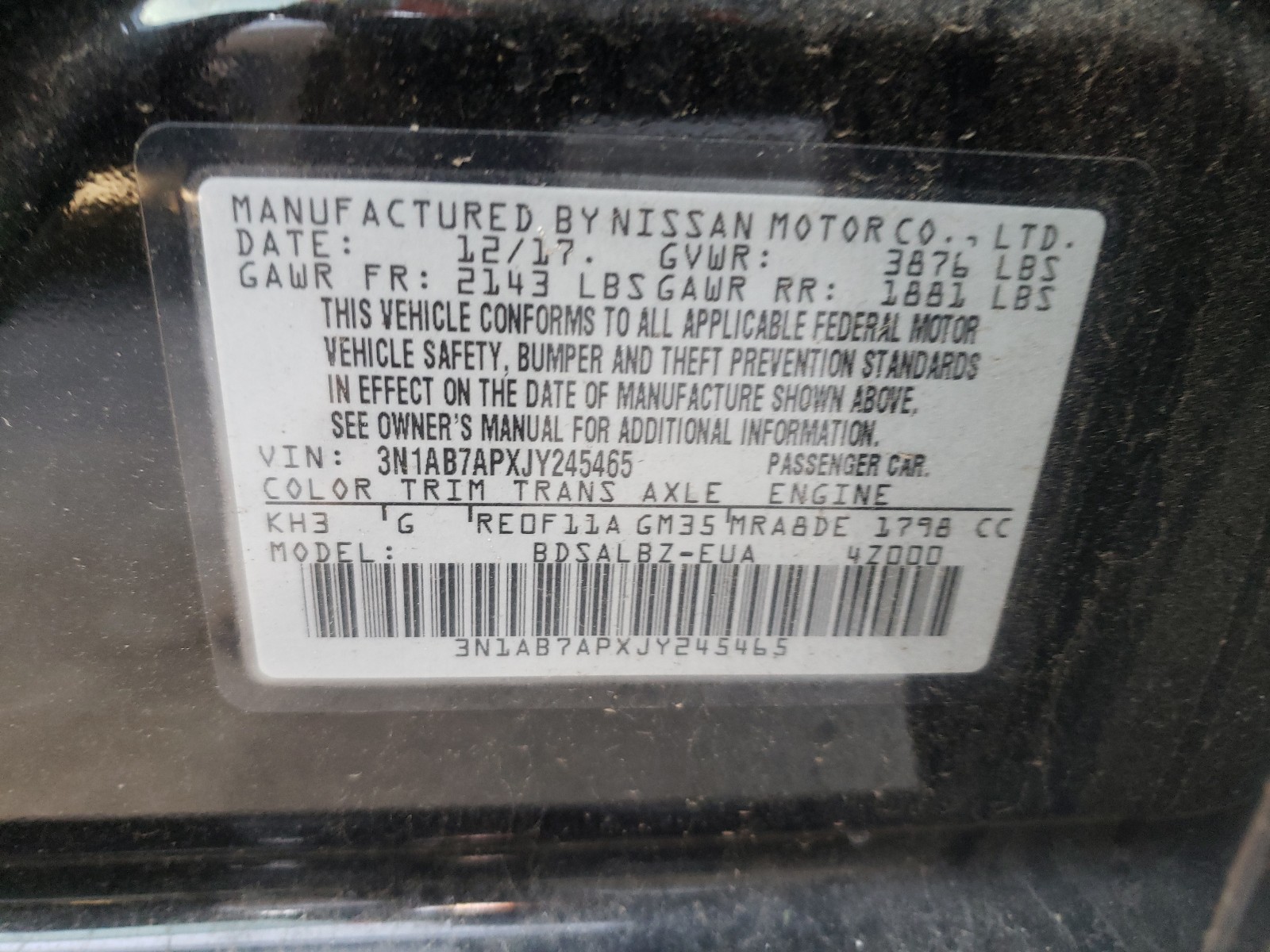 Photo 9 VIN: 3N1AB7APXJY245465 - NISSAN SENTRA S 