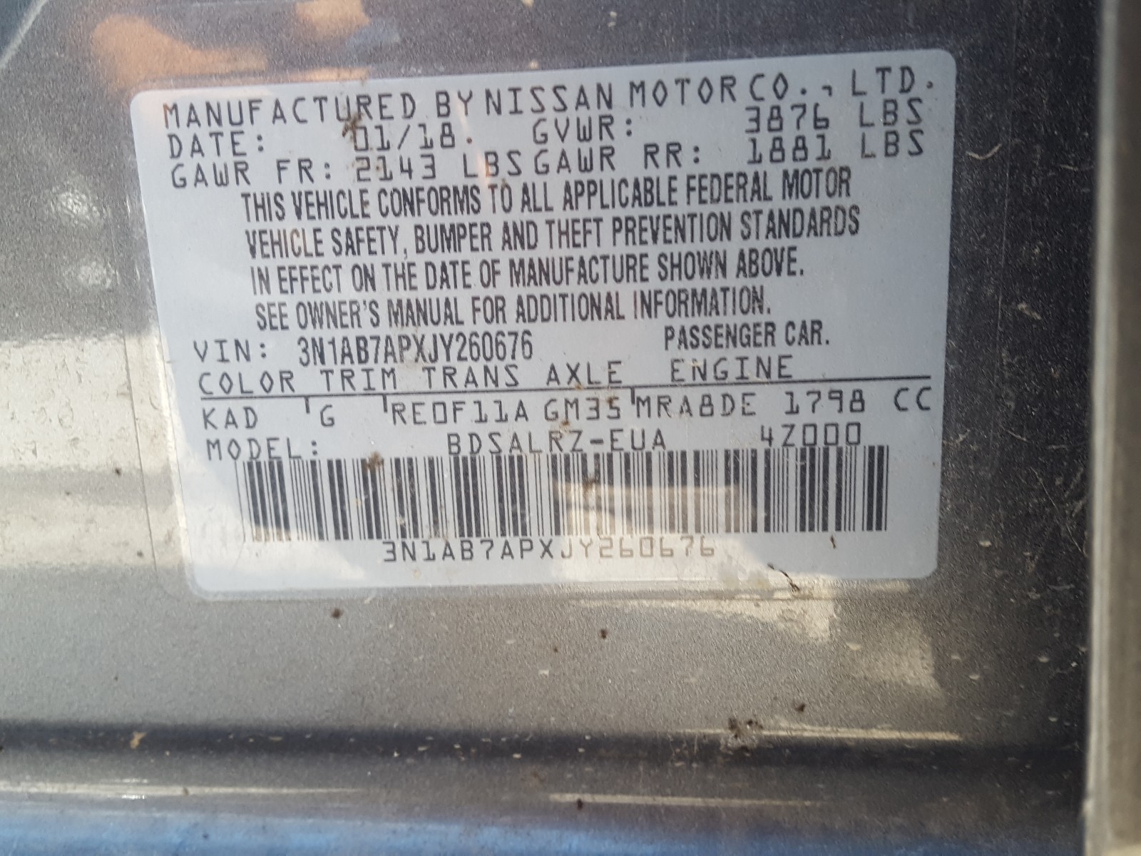 Photo 9 VIN: 3N1AB7APXJY260676 - NISSAN SENTRA S 