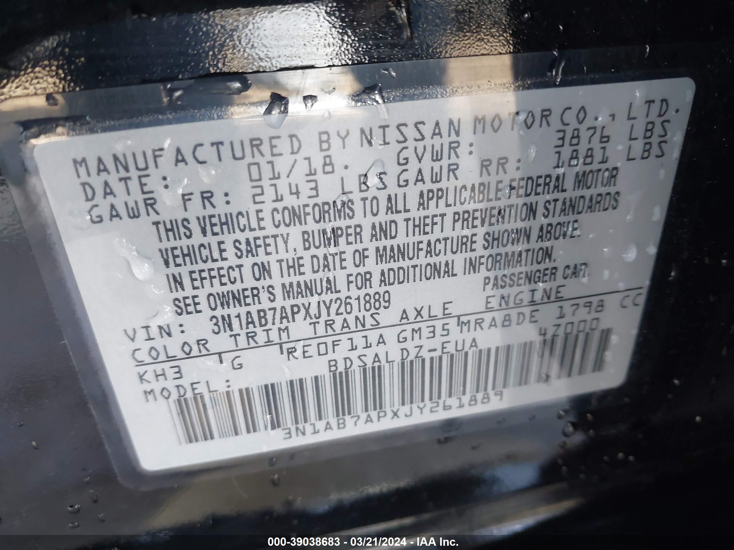 Photo 8 VIN: 3N1AB7APXJY261889 - NISSAN SENTRA 