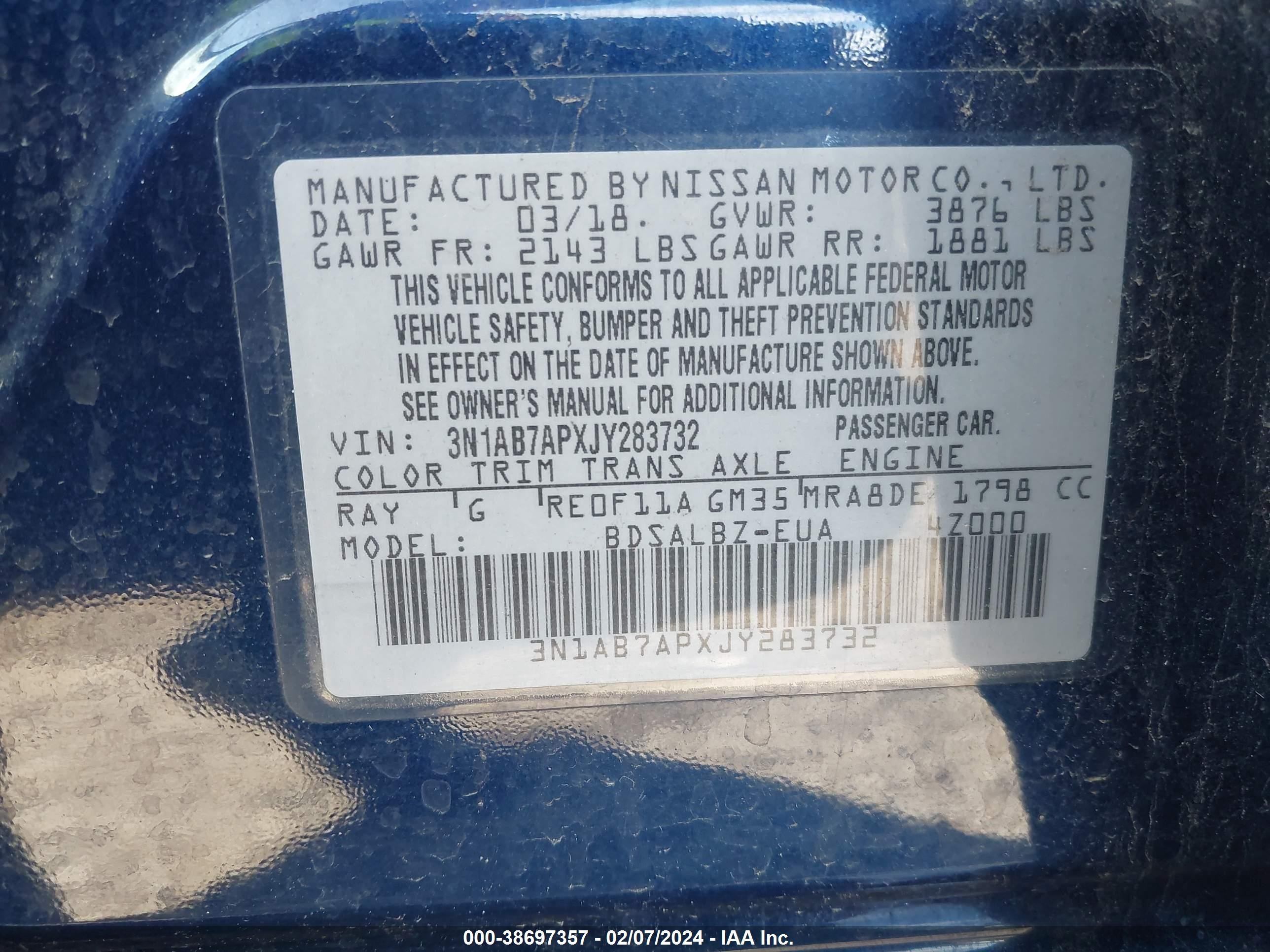 Photo 8 VIN: 3N1AB7APXJY283732 - NISSAN SENTRA 