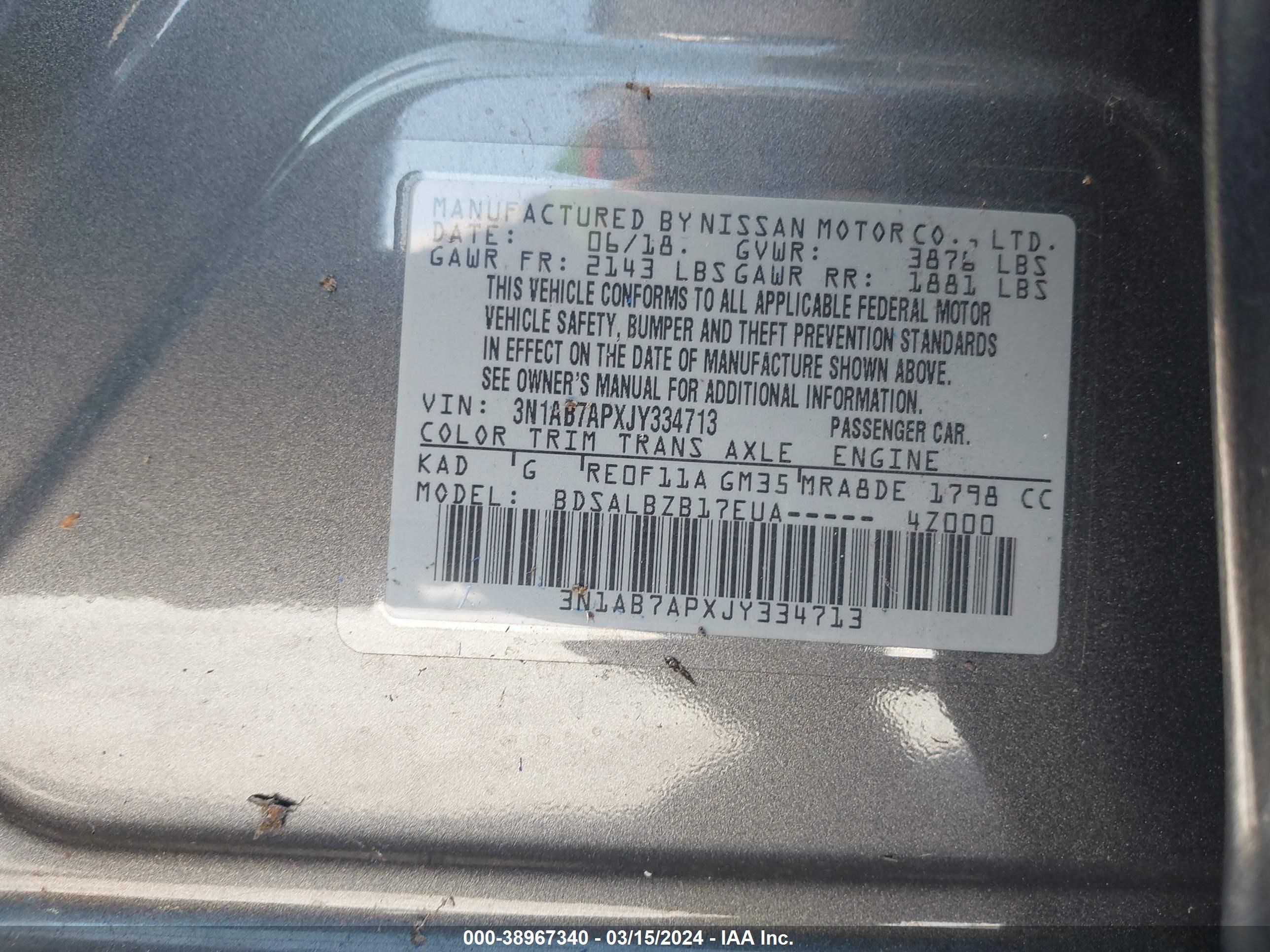 Photo 8 VIN: 3N1AB7APXJY334713 - NISSAN SENTRA 