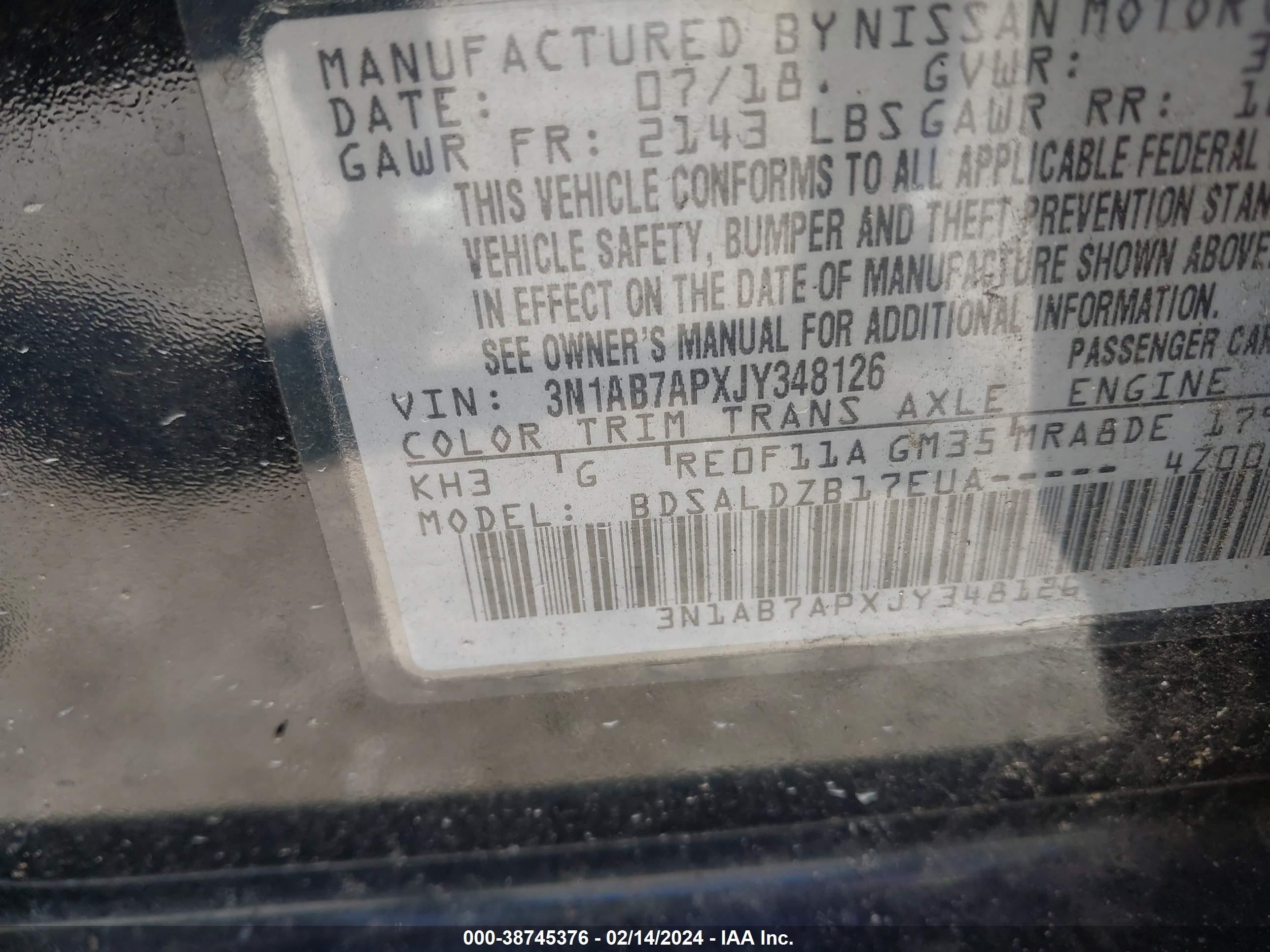 Photo 8 VIN: 3N1AB7APXJY348126 - NISSAN SENTRA 