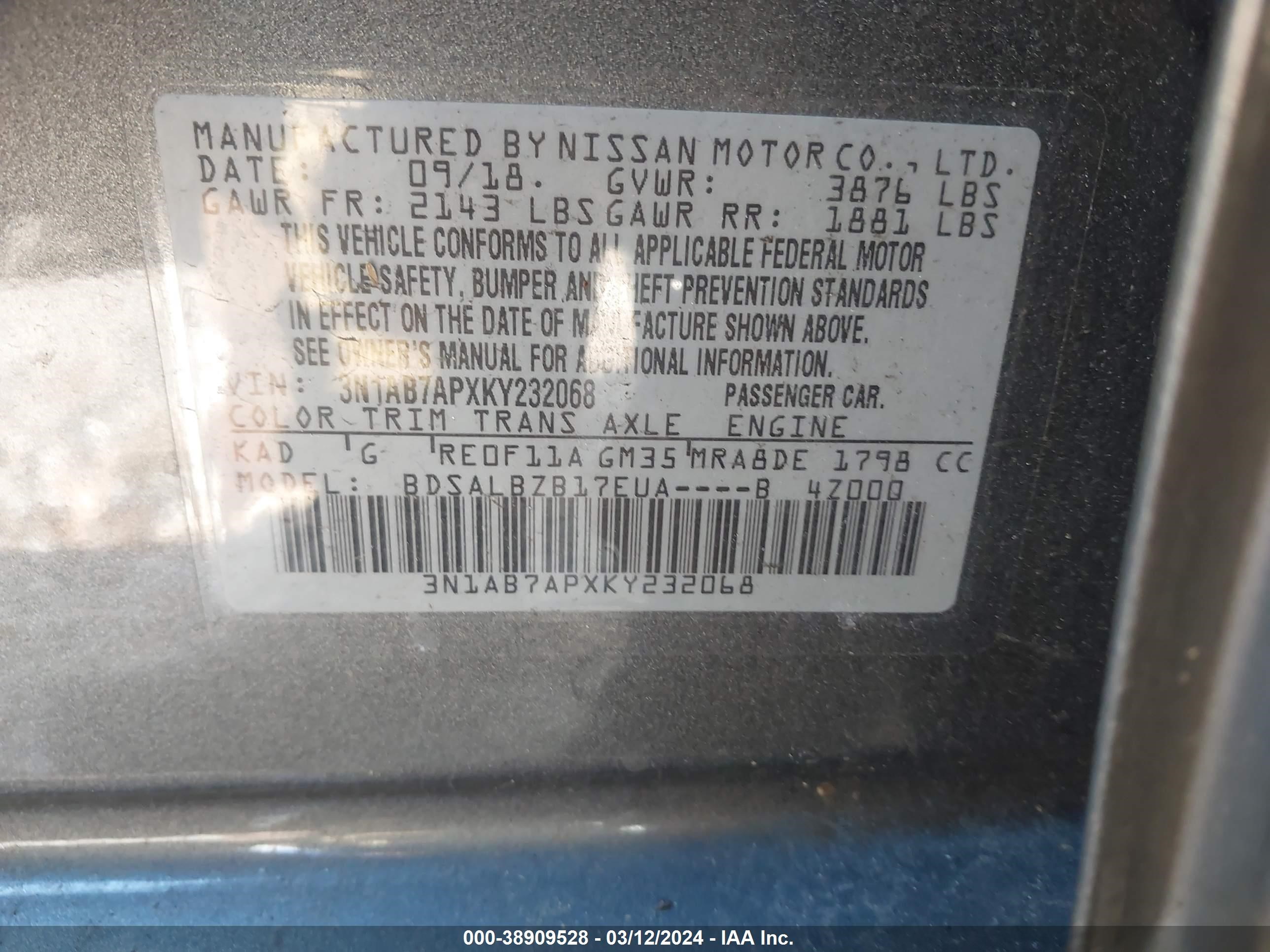 Photo 8 VIN: 3N1AB7APXKY232068 - NISSAN SENTRA 