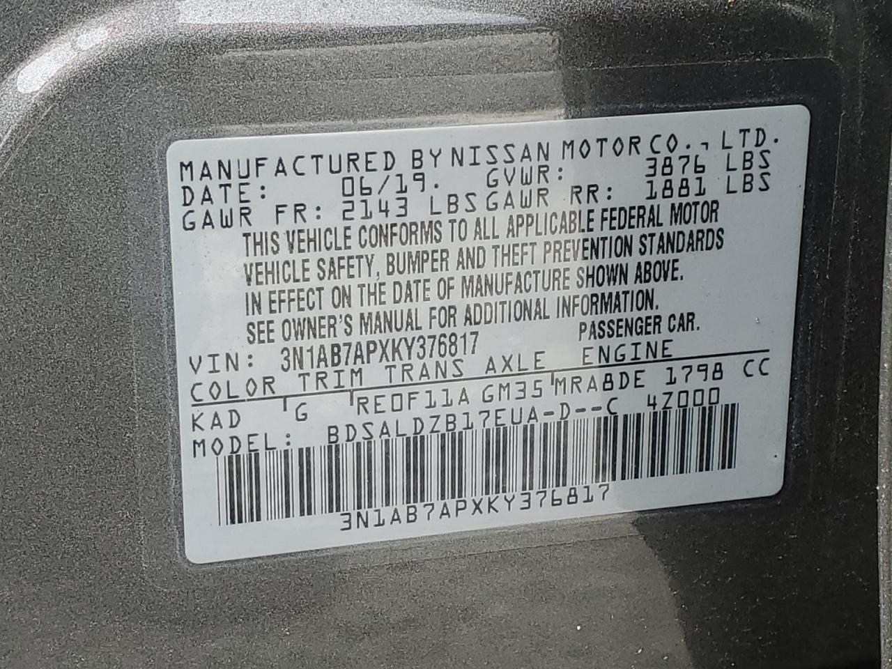 Photo 11 VIN: 3N1AB7APXKY376817 - NISSAN SENTRA 