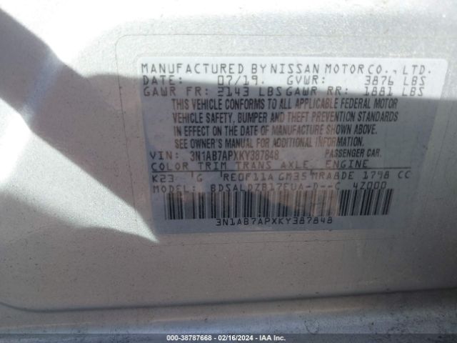 Photo 8 VIN: 3N1AB7APXKY387848 - NISSAN SENTRA 