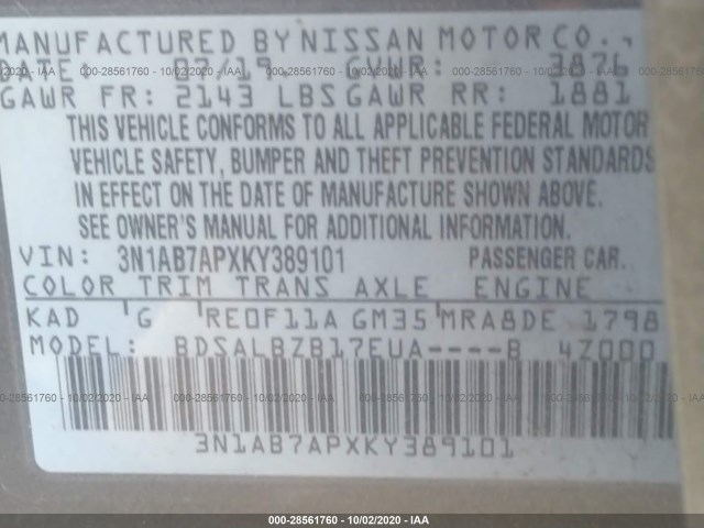 Photo 8 VIN: 3N1AB7APXKY389101 - NISSAN SENTRA 