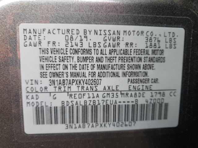 Photo 9 VIN: 3N1AB7APXKY402607 - NISSAN SENTRA S 