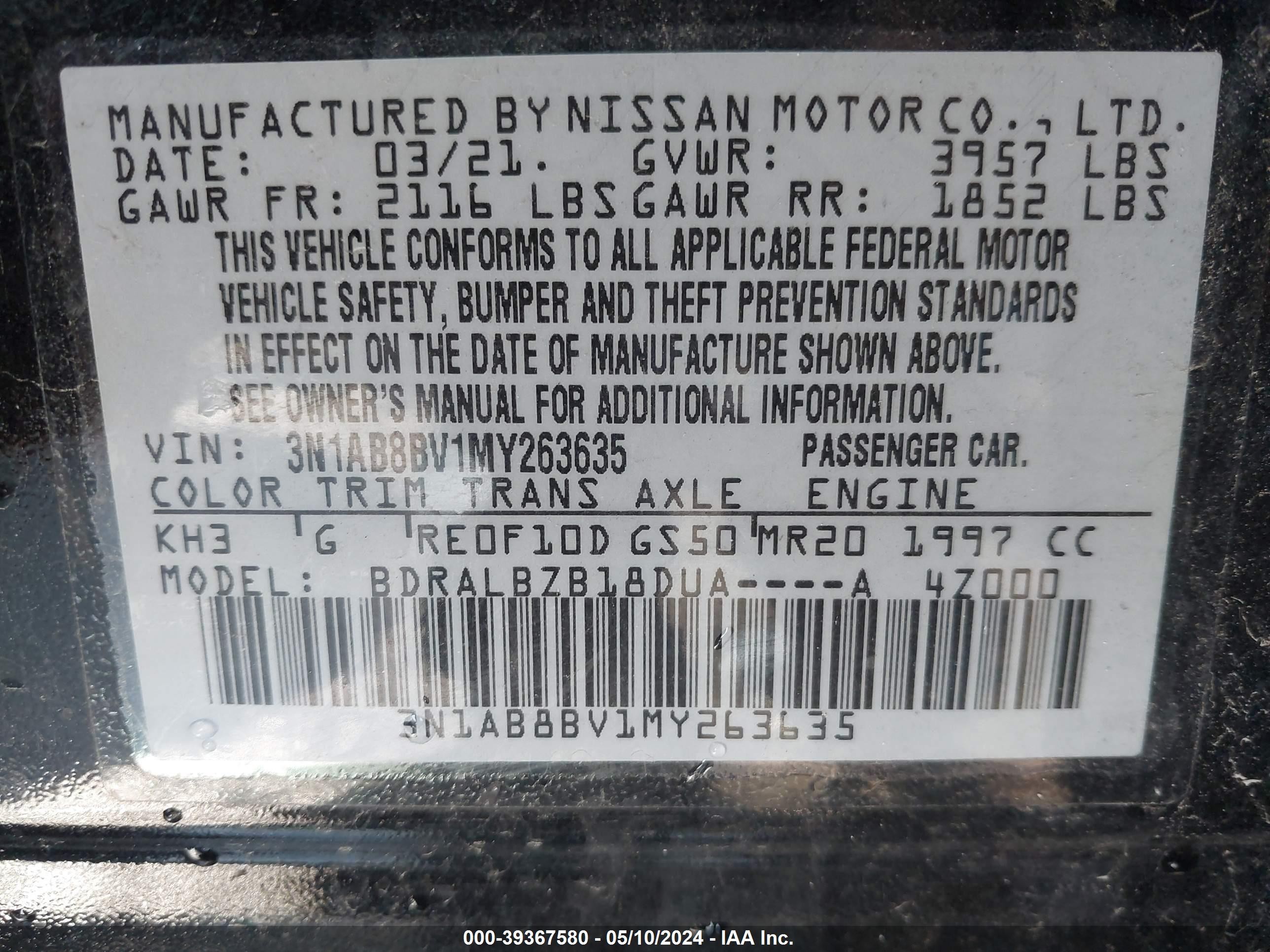 Photo 8 VIN: 3N1AB8BV1MY263635 - NISSAN SENTRA 