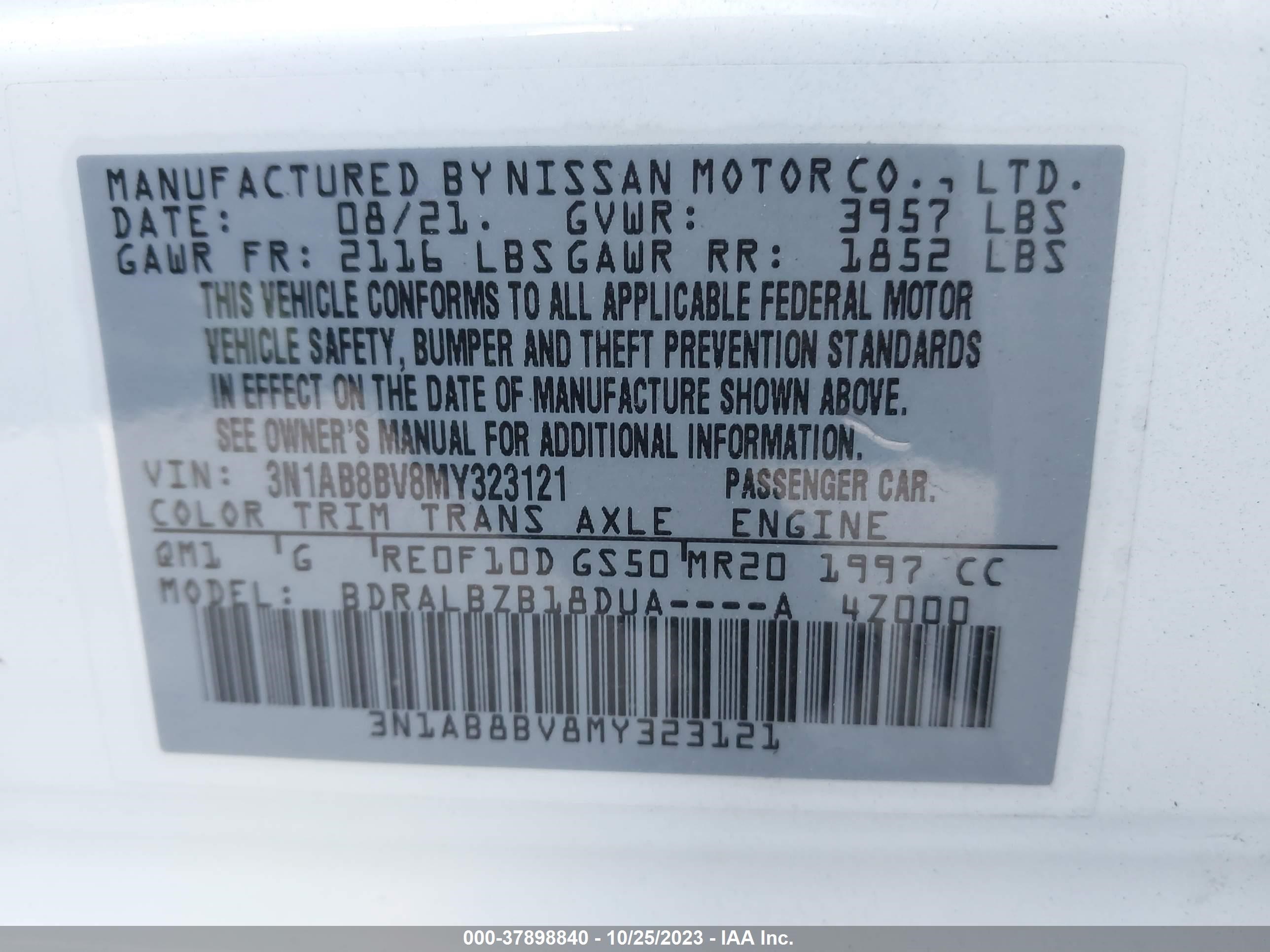 Photo 8 VIN: 3N1AB8BV8MY323121 - NISSAN SENTRA 