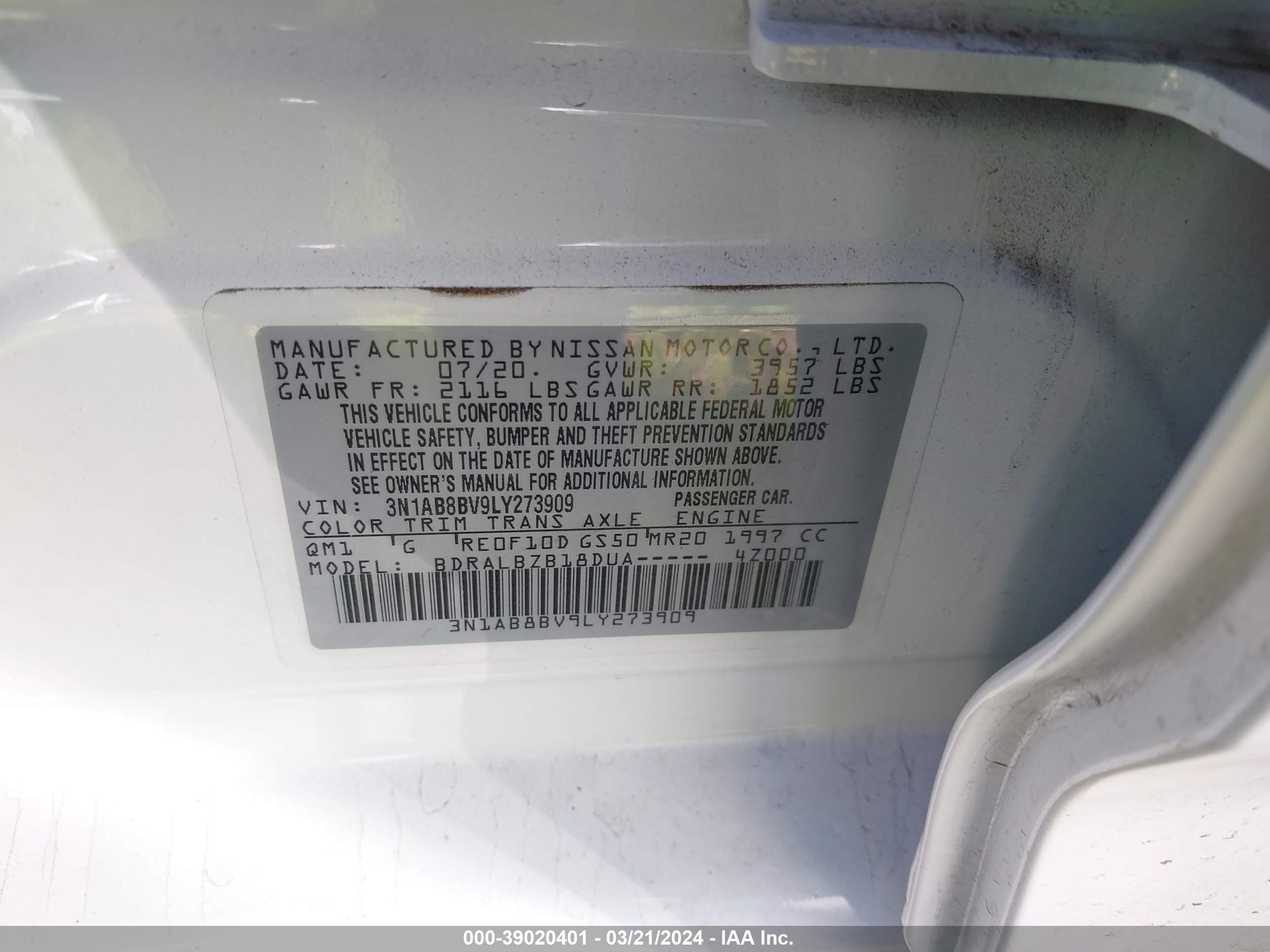 Photo 8 VIN: 3N1AB8BV9LY273909 - NISSAN SENTRA 