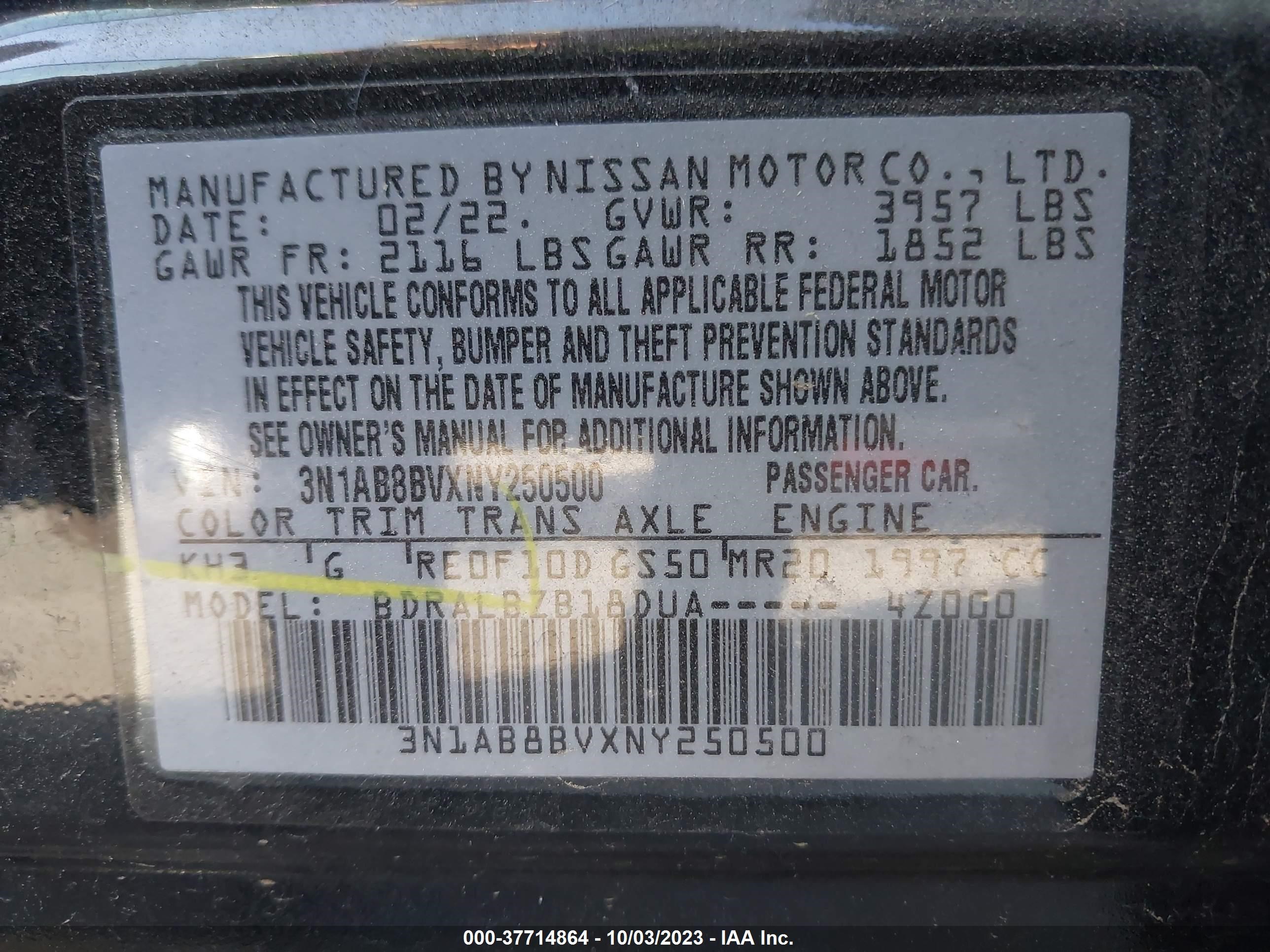 Photo 8 VIN: 3N1AB8BVXNY250500 - NISSAN SENTRA 