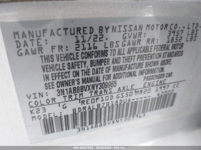 Photo 8 VIN: 3N1AB8BVXNY309965 - NISSAN SENTRA 