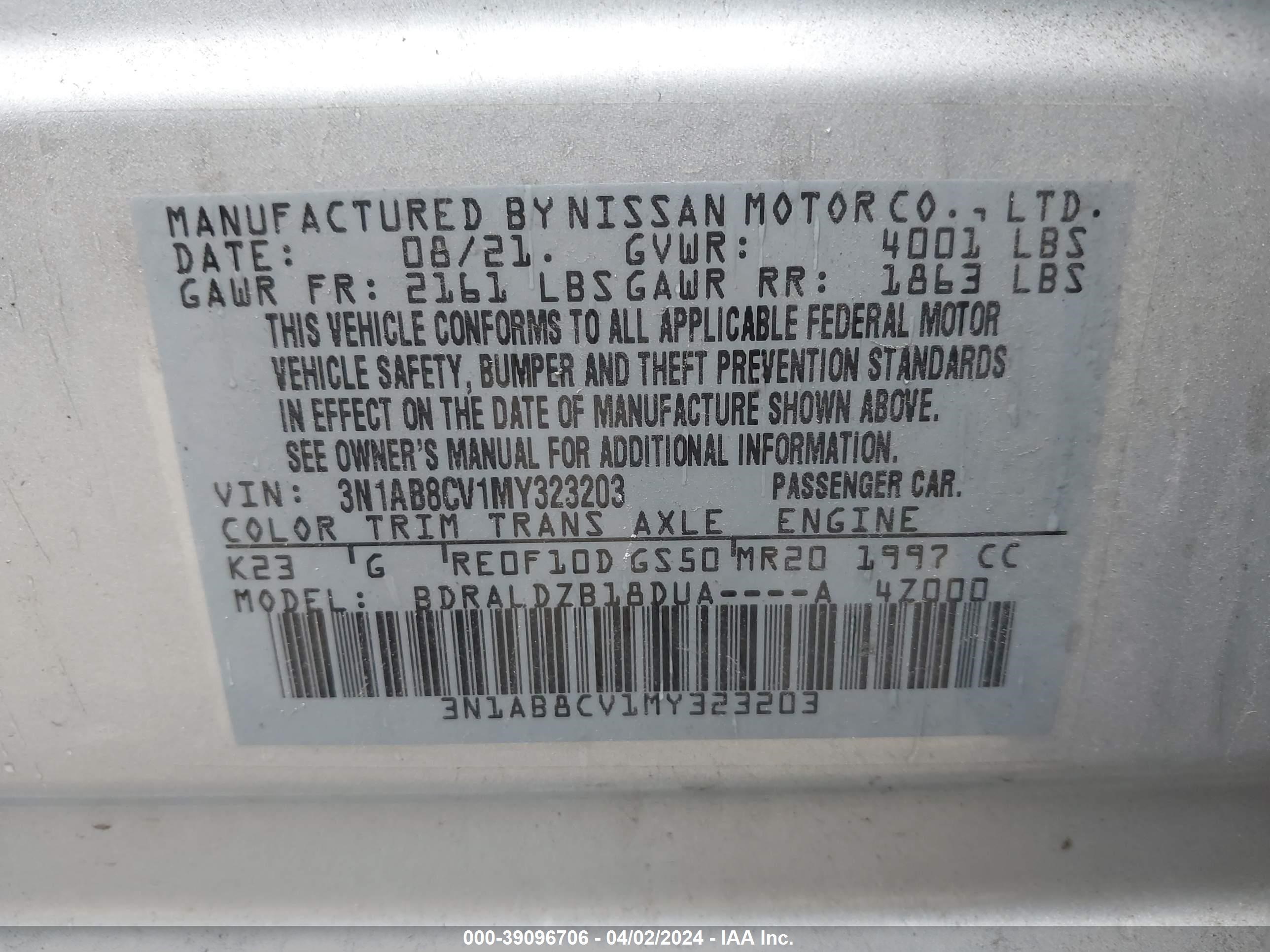 Photo 8 VIN: 3N1AB8CV1MY323203 - NISSAN SENTRA 