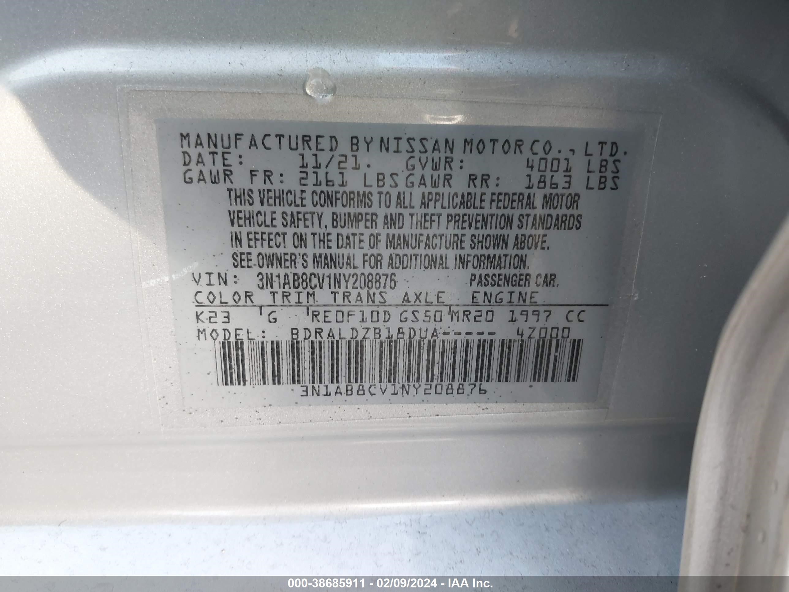 Photo 8 VIN: 3N1AB8CV1NY208876 - NISSAN SENTRA 