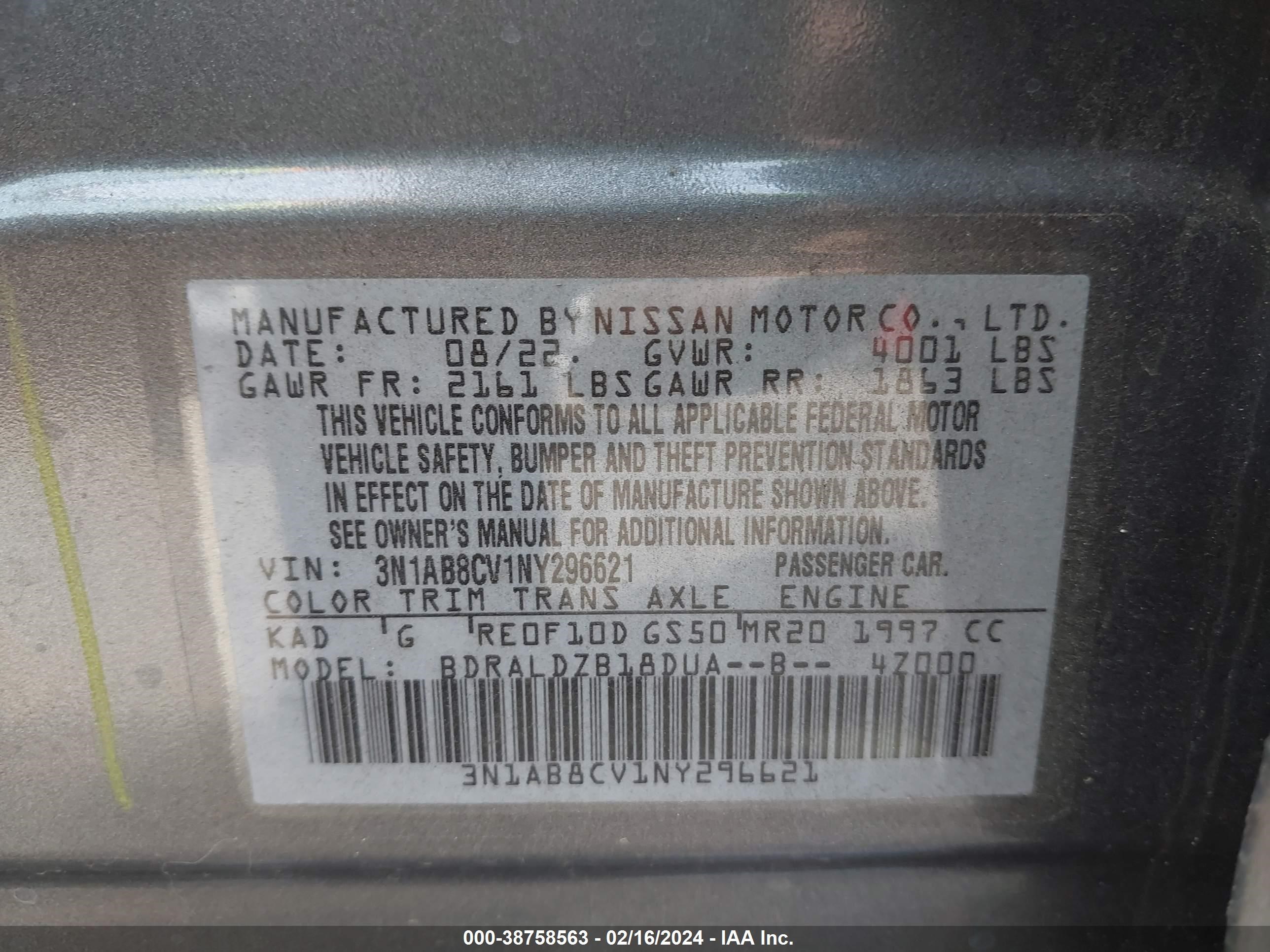 Photo 8 VIN: 3N1AB8CV1NY296621 - NISSAN SENTRA 