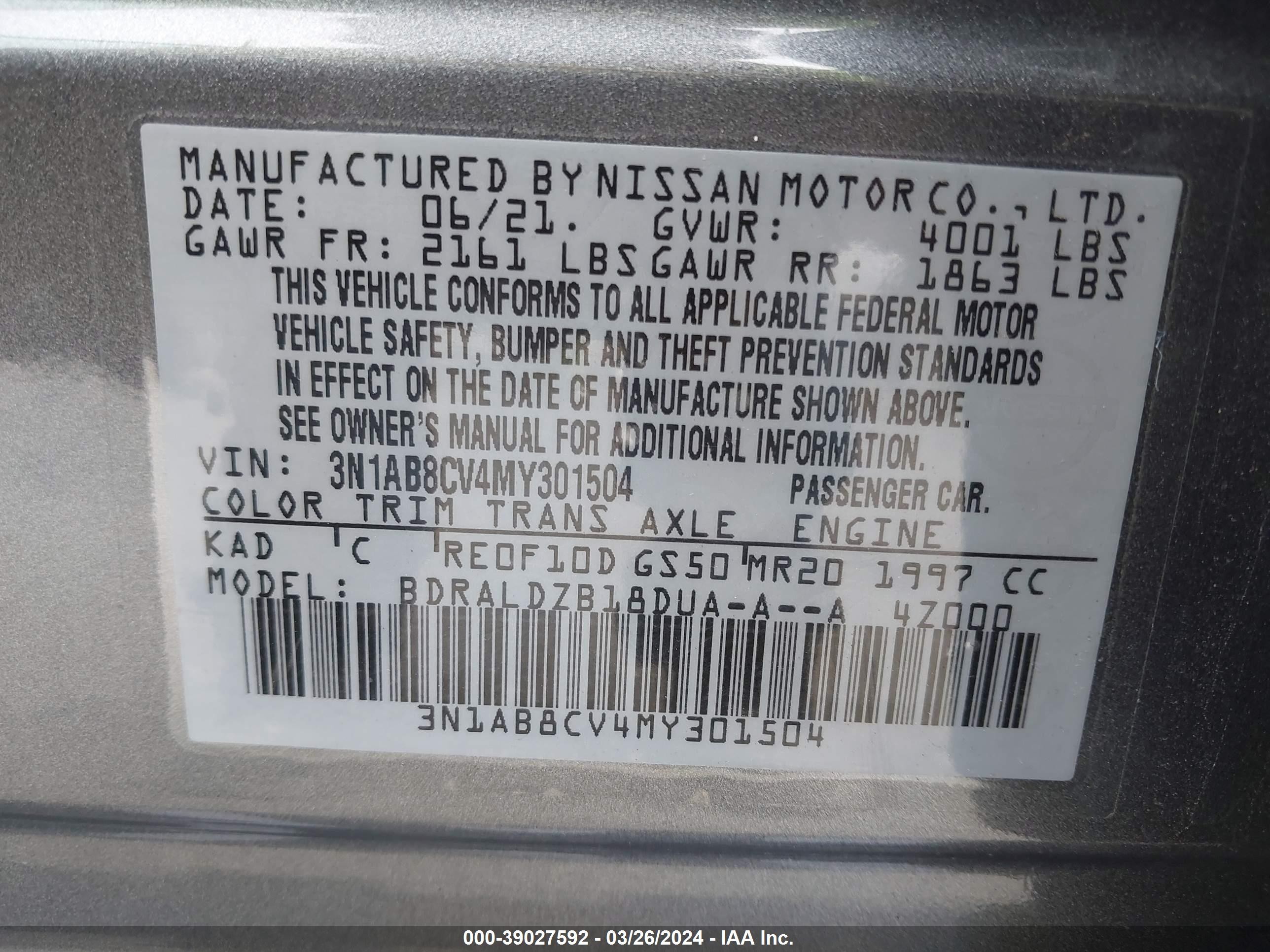 Photo 8 VIN: 3N1AB8CV4MY301504 - NISSAN SENTRA 