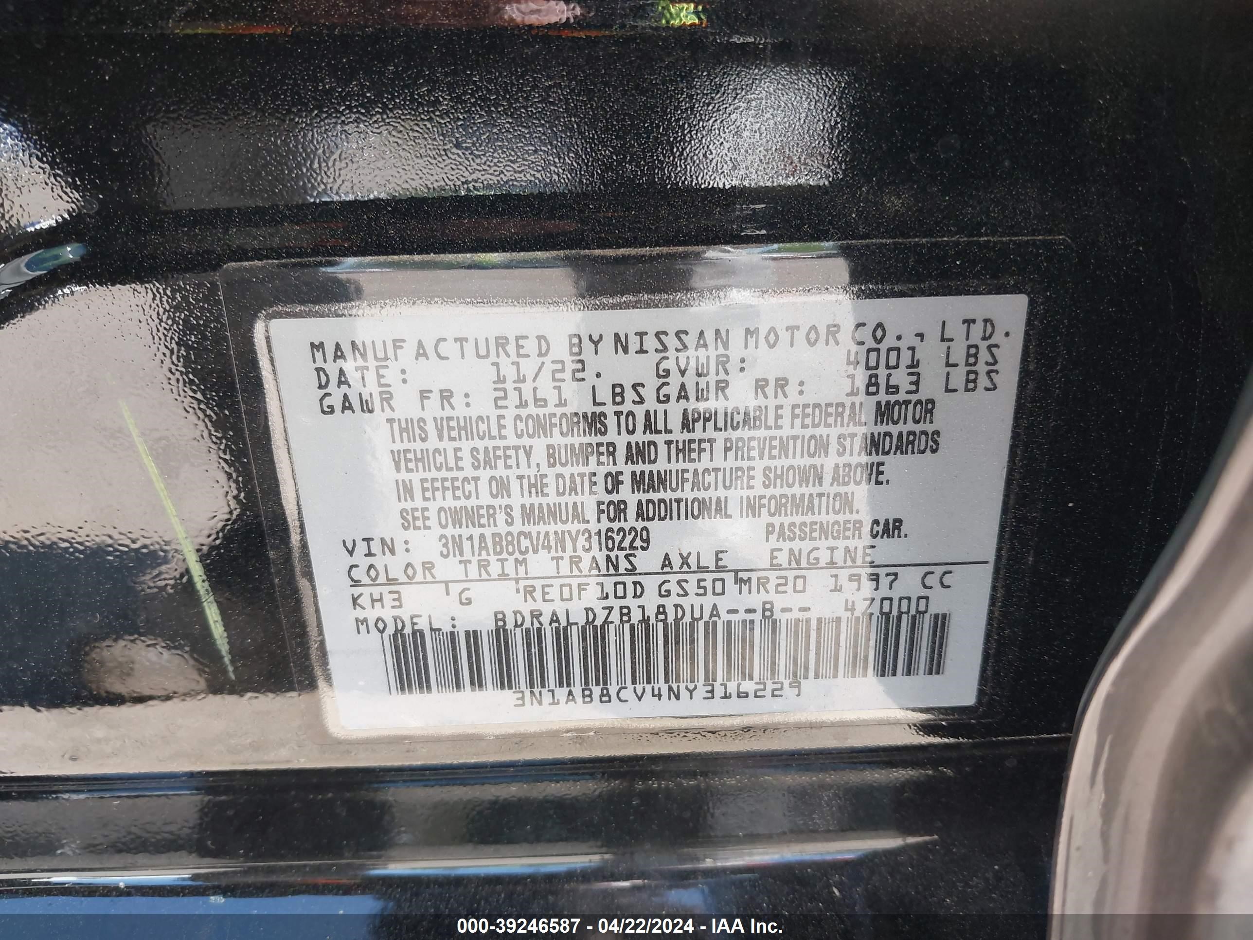 Photo 8 VIN: 3N1AB8CV4NY316229 - NISSAN SENTRA 