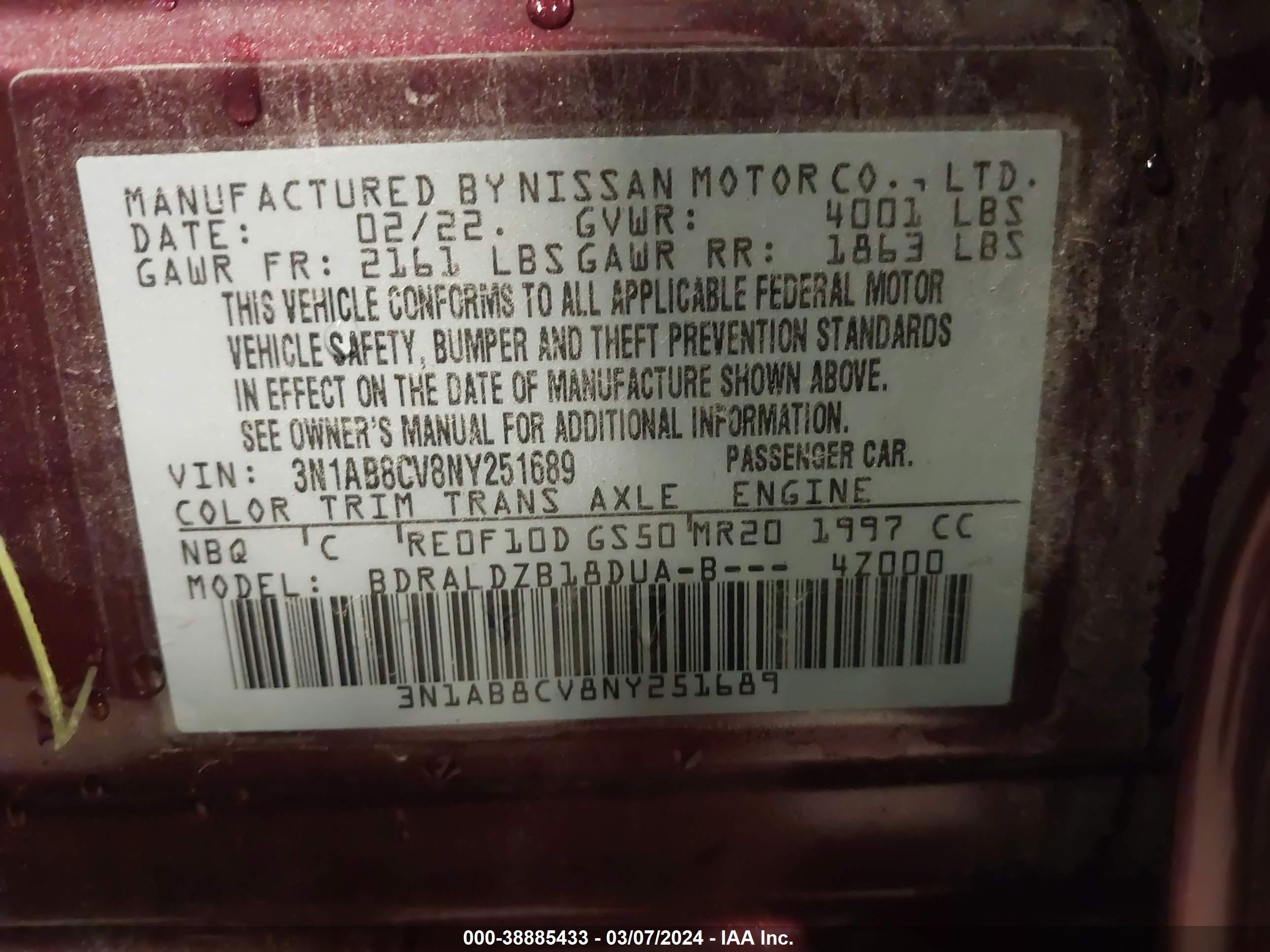 Photo 8 VIN: 3N1AB8CV8NY251689 - NISSAN SENTRA 