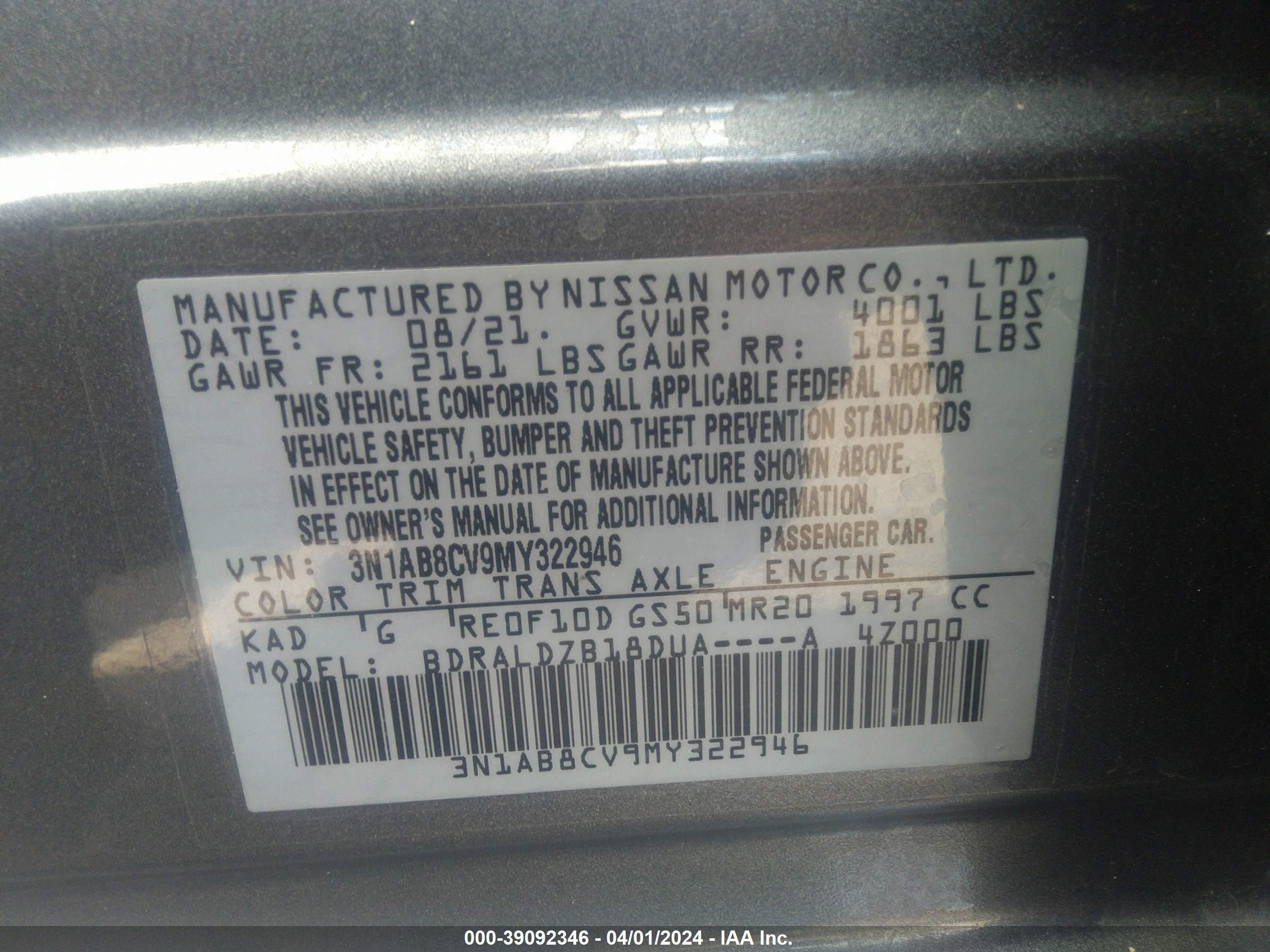 Photo 8 VIN: 3N1AB8CV9MY322946 - NISSAN SENTRA 