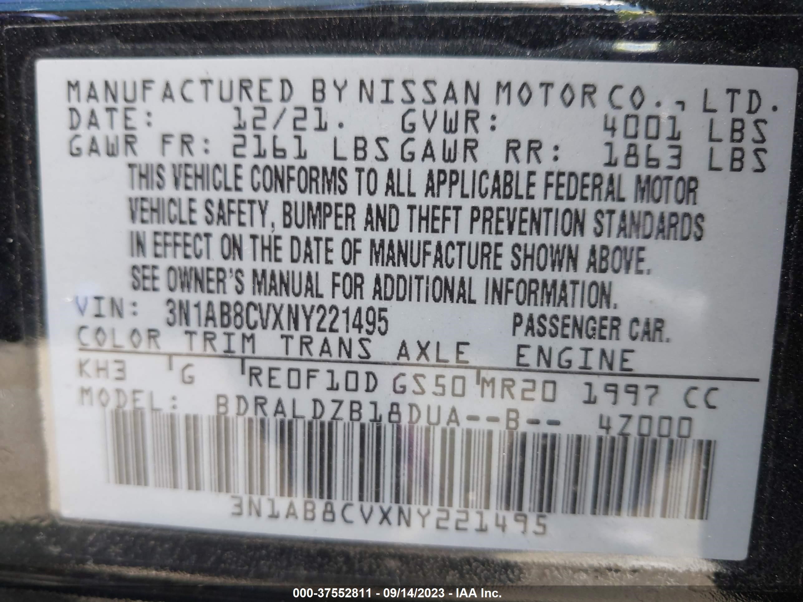 Photo 8 VIN: 3N1AB8CVXNY221495 - NISSAN SENTRA 