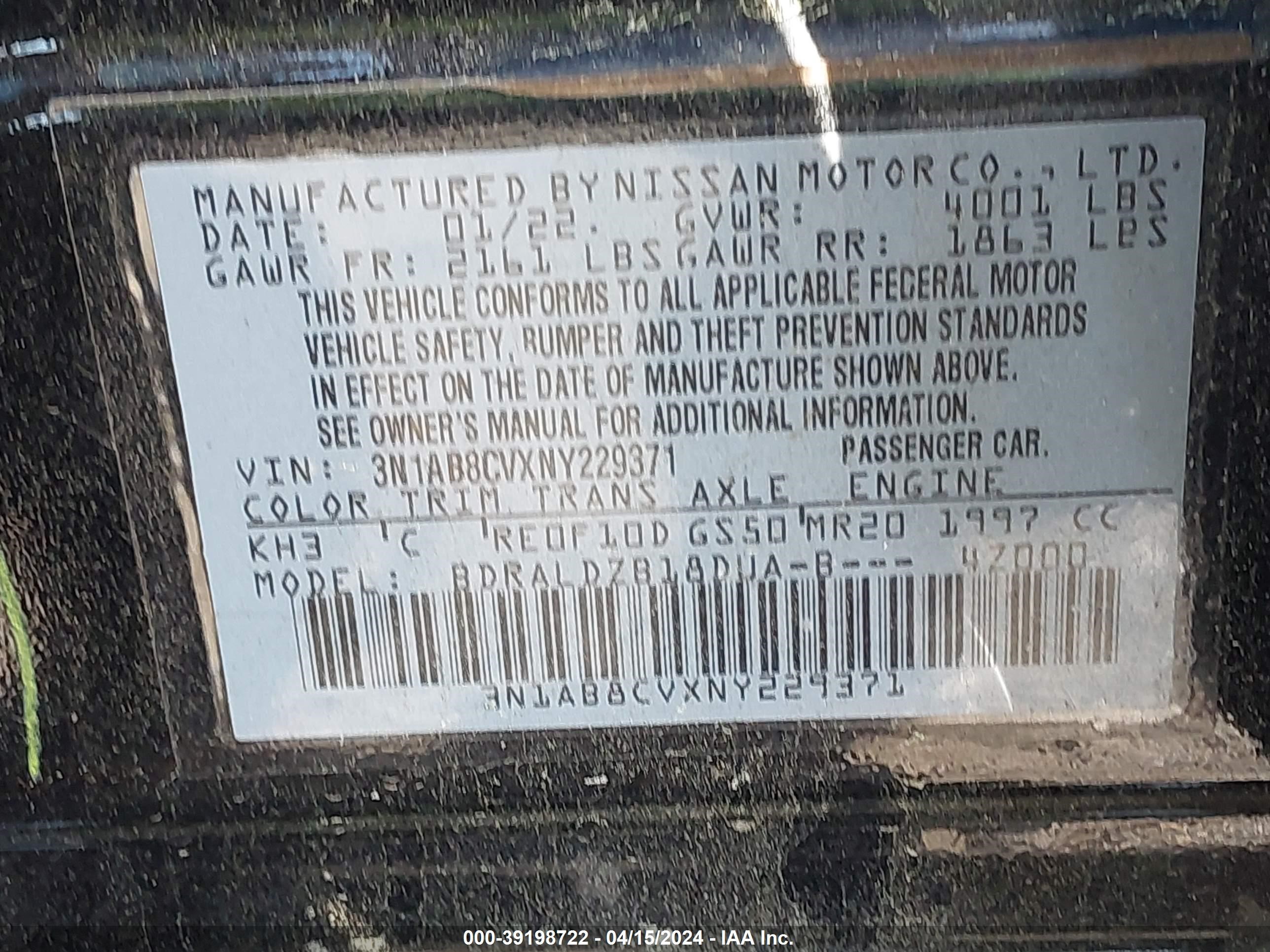 Photo 8 VIN: 3N1AB8CVXNY229371 - NISSAN SENTRA 