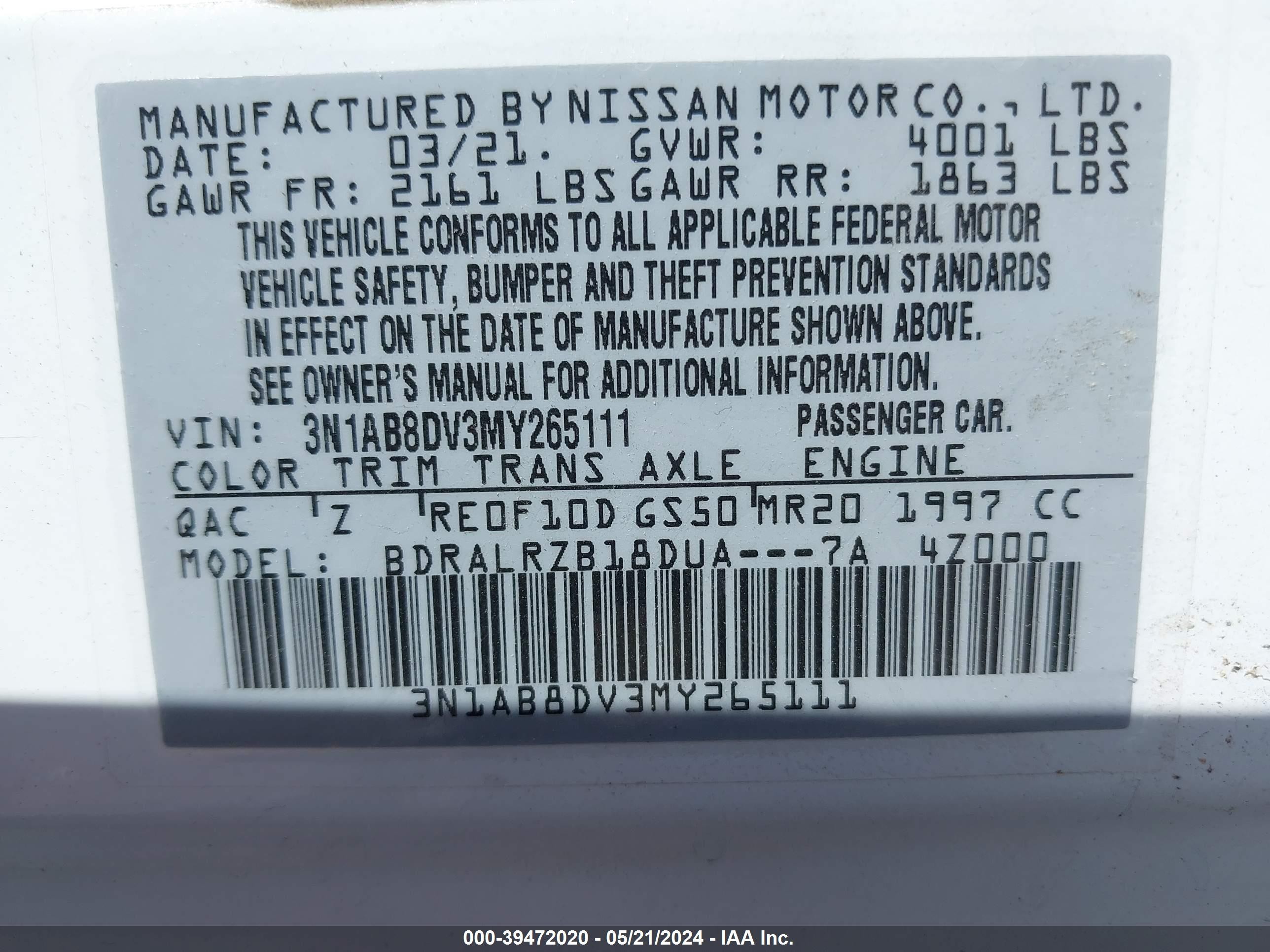 Photo 8 VIN: 3N1AB8DV3MY265111 - NISSAN SENTRA 