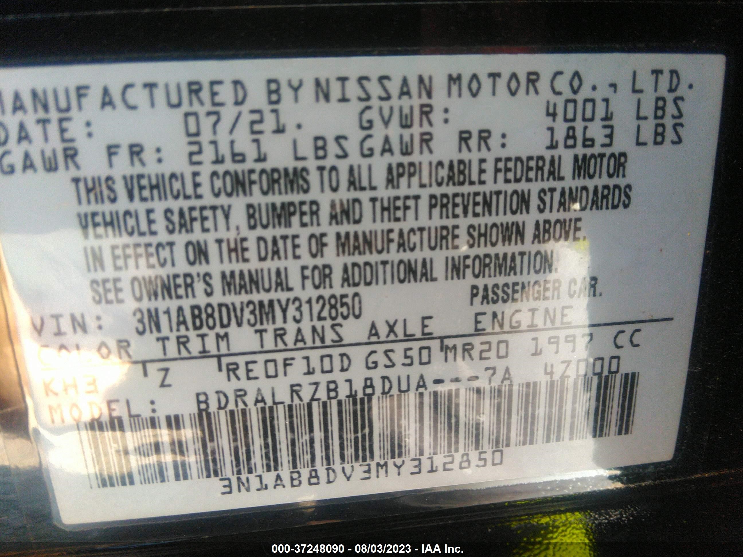 Photo 8 VIN: 3N1AB8DV3MY312850 - NISSAN SENTRA 