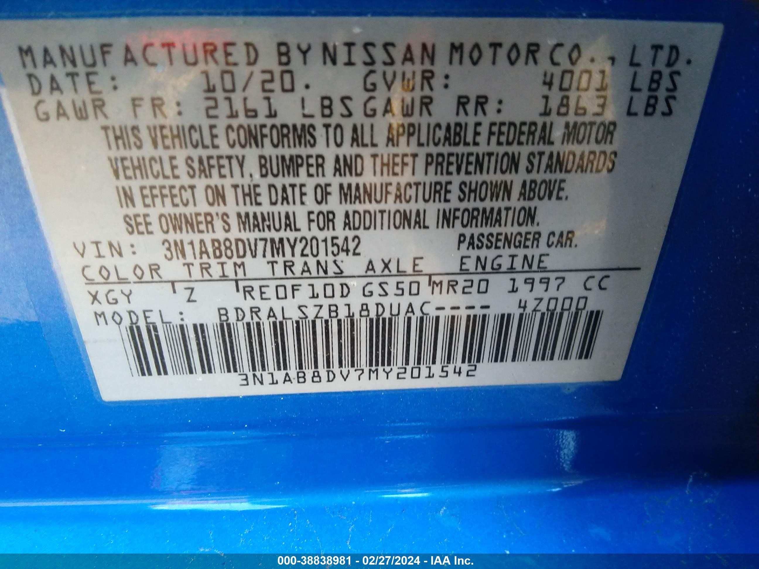 Photo 8 VIN: 3N1AB8DV7MY201542 - NISSAN SENTRA 