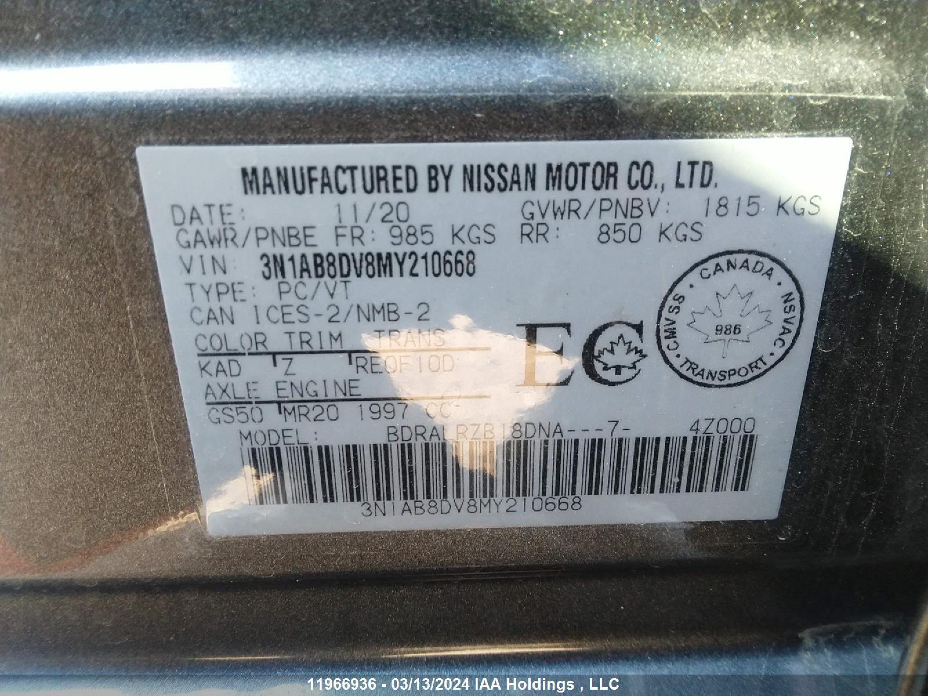 Photo 8 VIN: 3N1AB8DV8MY210668 - NISSAN SENTRA 